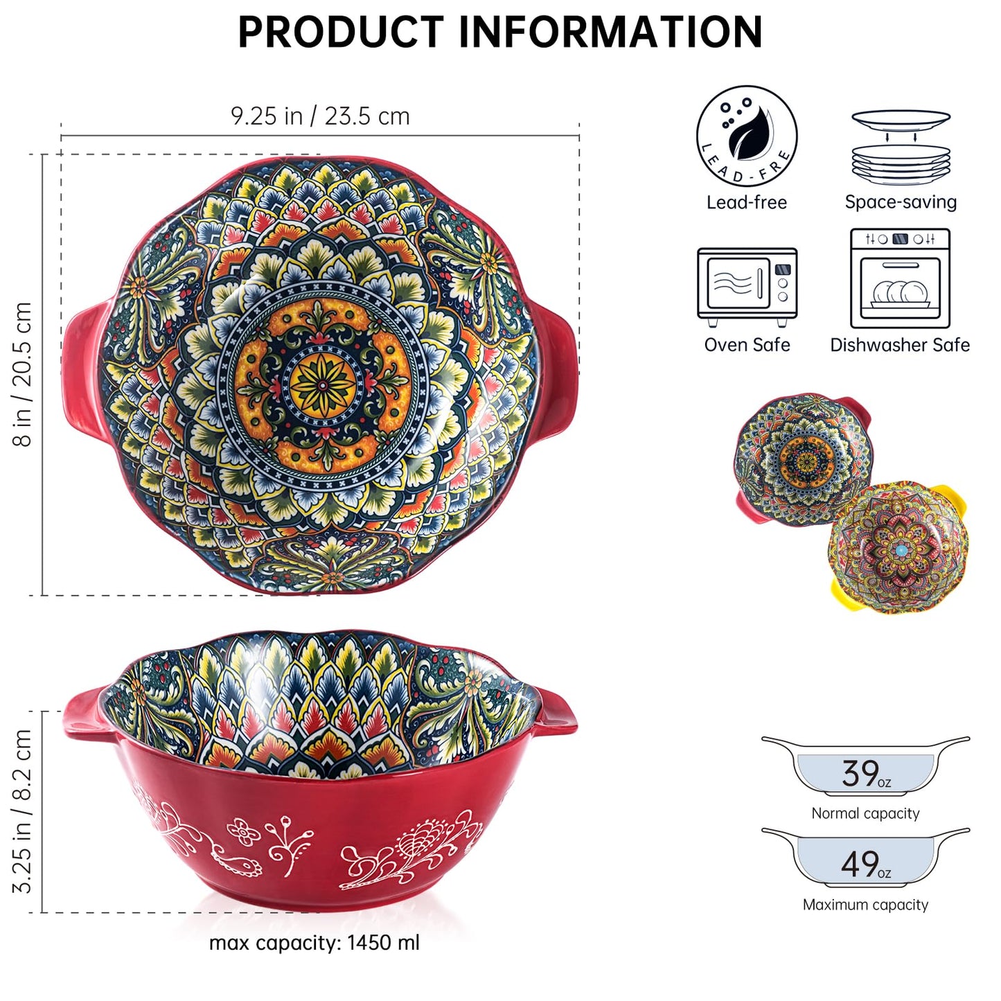 Salad Bowl with Handle, Large Porcelain Serving Bowls Set of 2-49 Oz, 1450ml Bohemian Ceramic Bowl for Ramen/Soup/Fruit/Salad, Colourful Bowl Set -