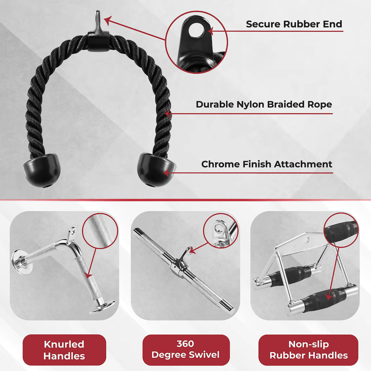 Yes4All 4M82 Combo Double D Handle Cable Attachment, Tricep Rope/Tricep Pull Down Rope, Rotating Straight Bar, and V-Shaped Bar Handle