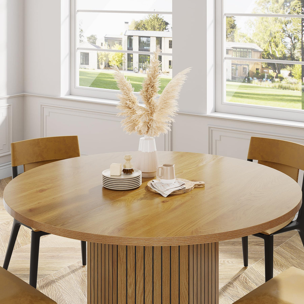 Tribesigns 120cm Oak Round Wood Dining Table for 4-6 People, Farmhouse Circle Kitchen Table with Heavy Duty Pedestal Base Circle Oak Tabletop for