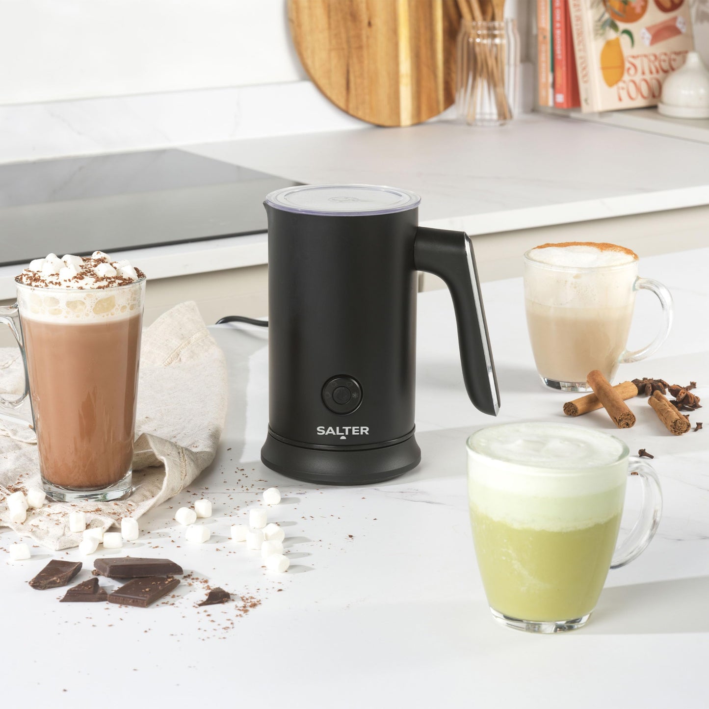 Salter Chocolatier Hot Chocolate Maker - 4-In-1 Electric Milk Frother, Cordless Hot & Cold Milk Foamer 115ml, One Cup 240ml Milk Steamer Heater, LED