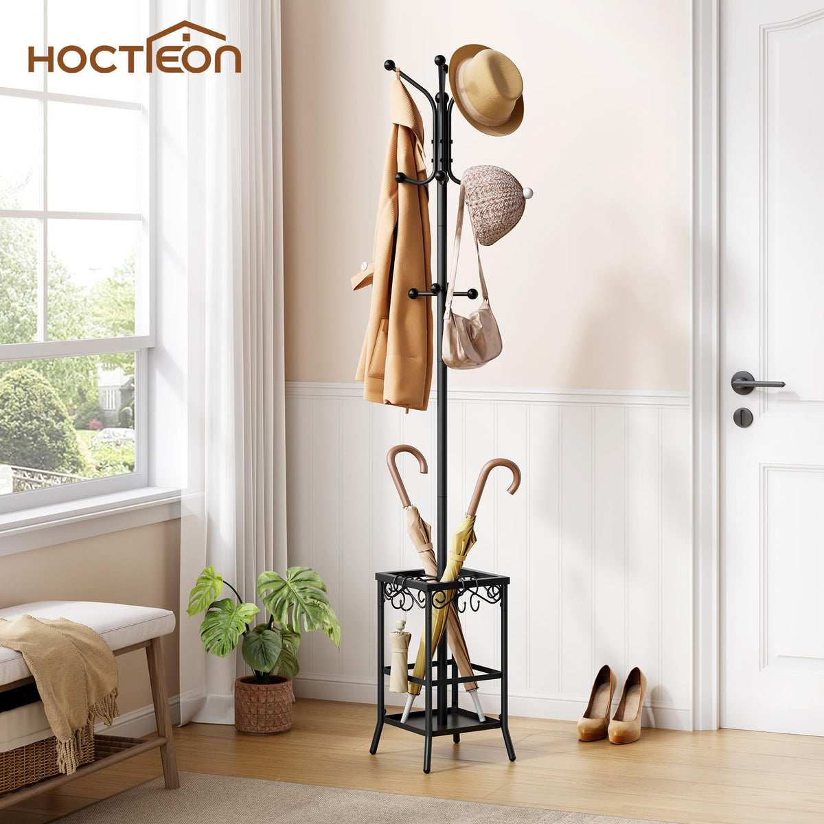 Hoctieon Coat Rack Freestanding, Coat Tree with Umbrella Holder, Metal Coat Rack Stand with 12 Hooks, Standing Coat Hanger Stand