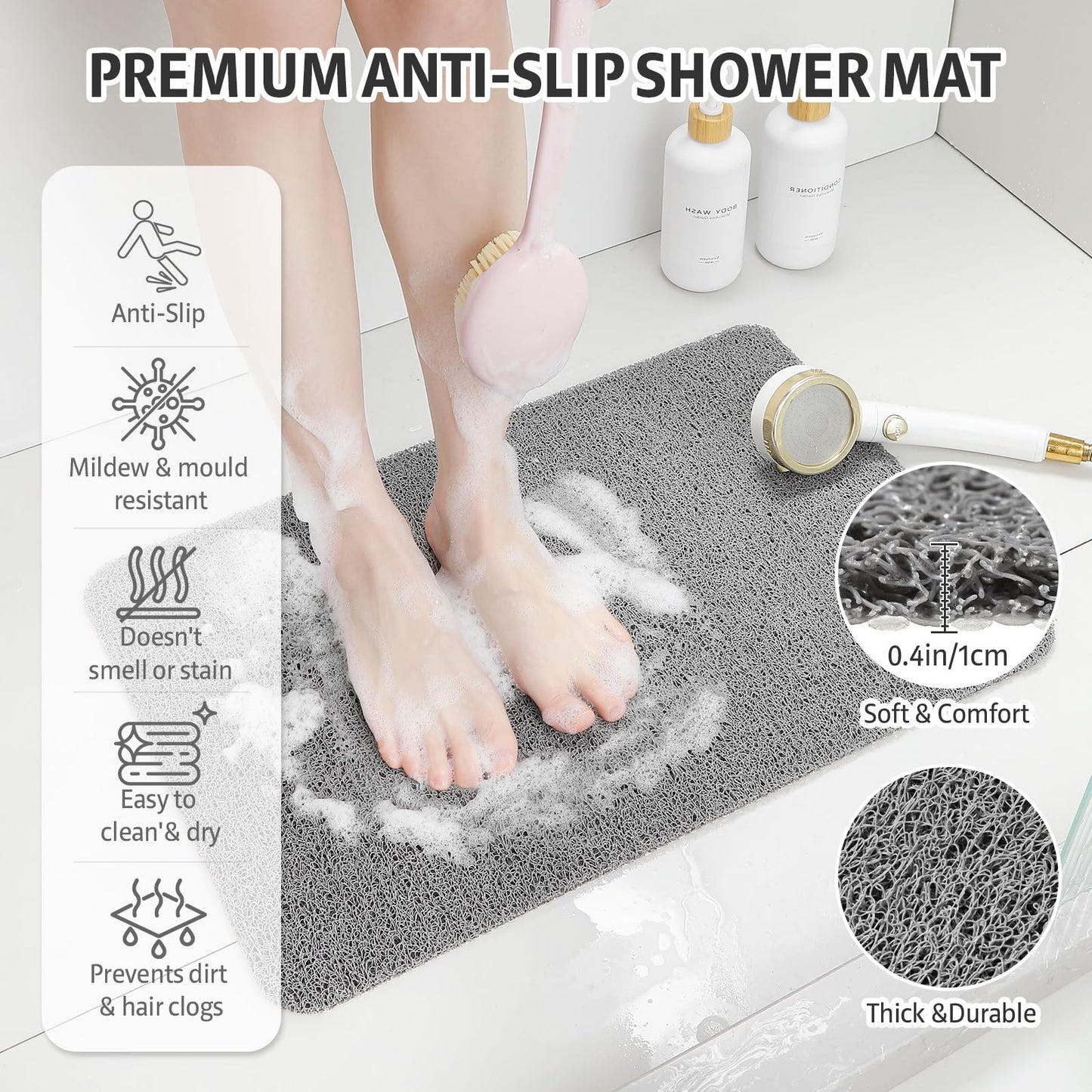 XIYUNTE Soft Shower Mat Non Slip Anti Mould, 60 x 40 cm, INCL. Hooks for Drying, PVC Bath Mat Non Slip Anti Mould