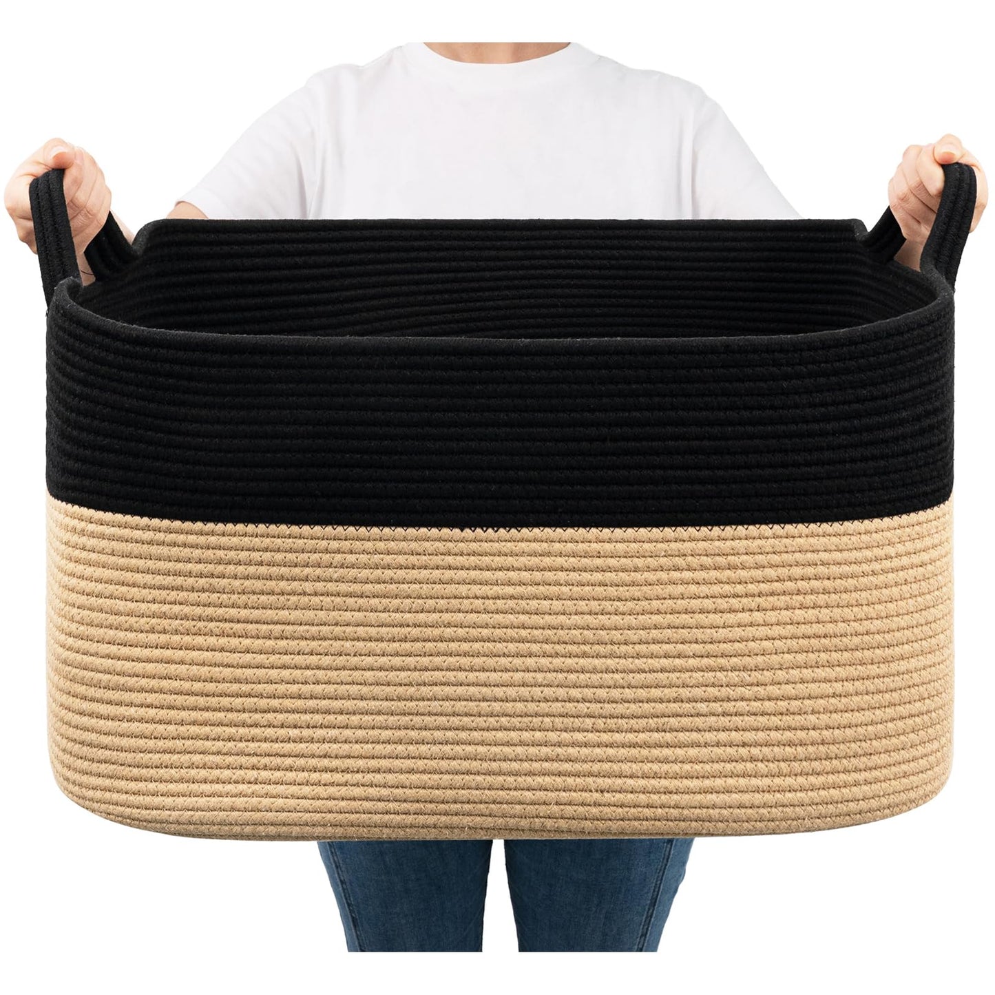 Storage Basket, Large Toy Basket for Baby, Kids, Cotton Rope Basket for Dirty Clothes, Blankets, Toy Storage, Rectangle Woven Basket in Living Room,