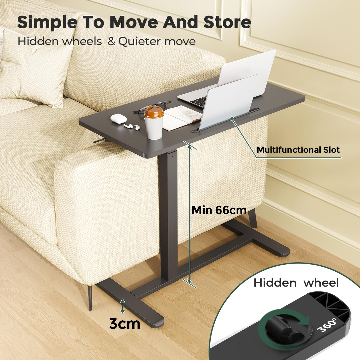 Gibbon Mounts Mobile Standing Desk with Wheels, 80x40cm Overbed Side Table