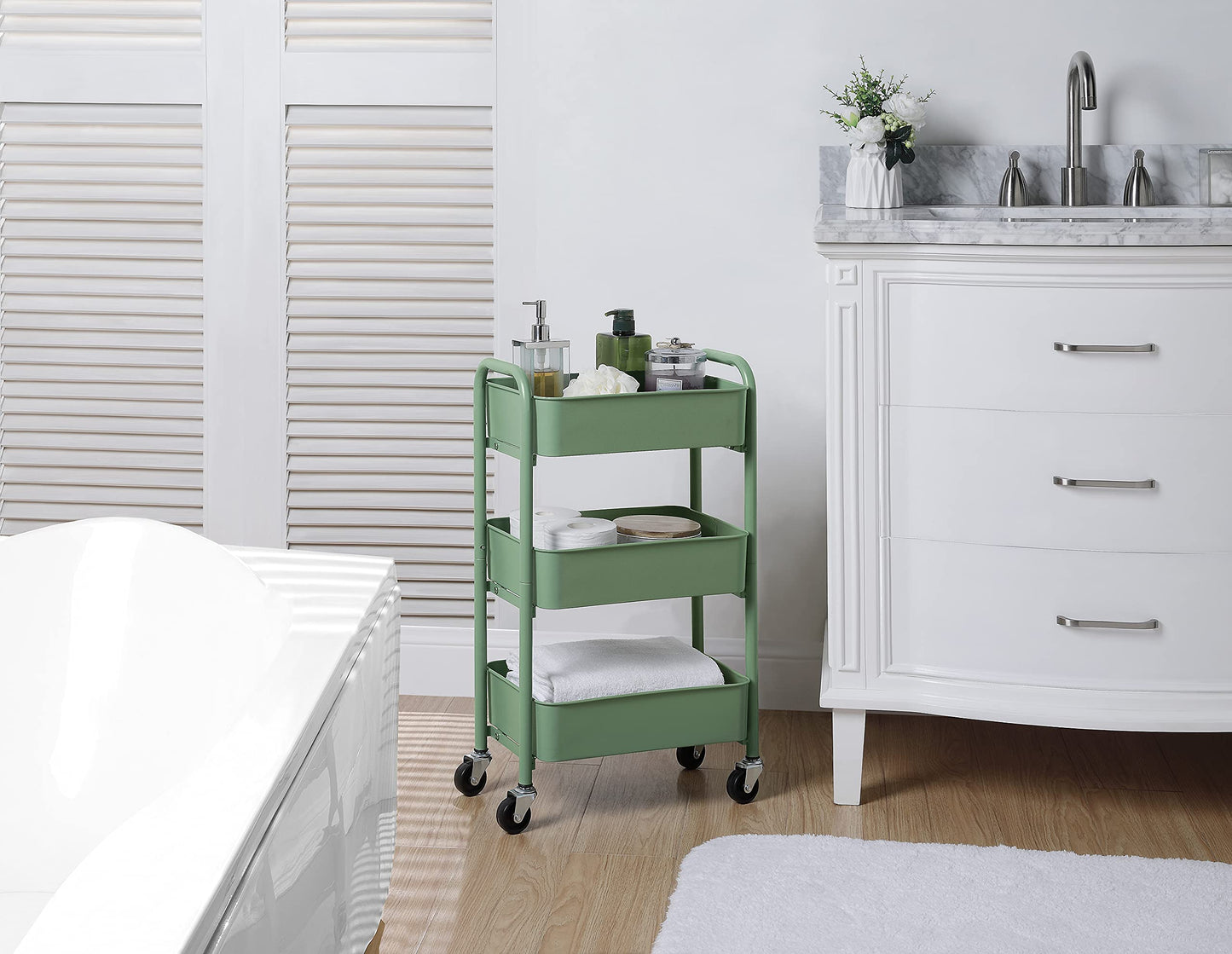SunnyPoint 3-Tier Delicate Compact Rolling Metal Storage Organizer - Mobile Utility Cart Kitchen/Under Desk Cart with Caster Wheels