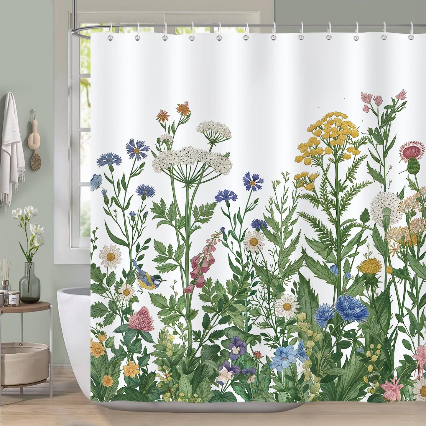 COZZSNUGE Wildflower Shower Curtain, Colorful Floral Herbs Green Leaves Bathroom Curtain 183 x 183 cm, Water Repellent Mildew Resistant Polyester with