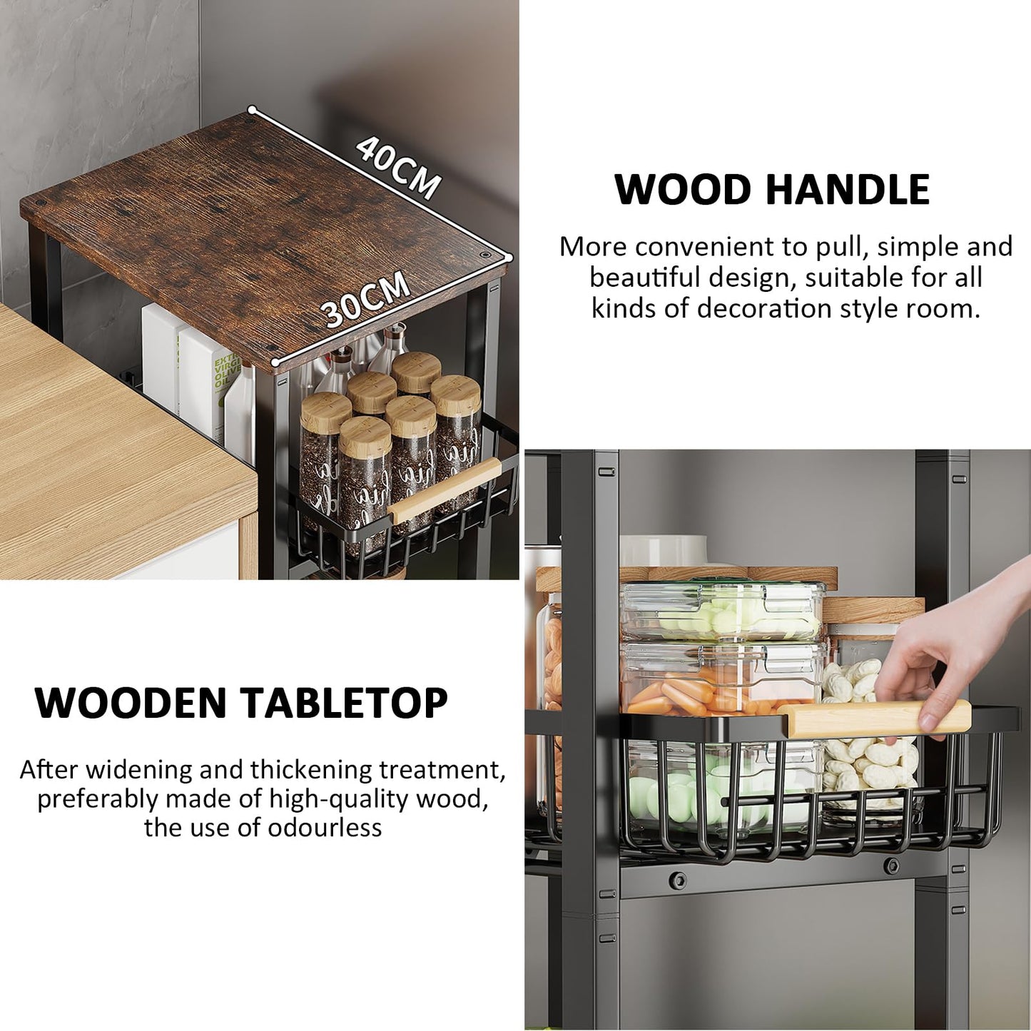 5-Tier Utility Kitchen Storage Cart with Pull-Out Baskets and Wooden Tabletop, Rolling Cart with Wheels for Kitchen, Living Room, Dining Room