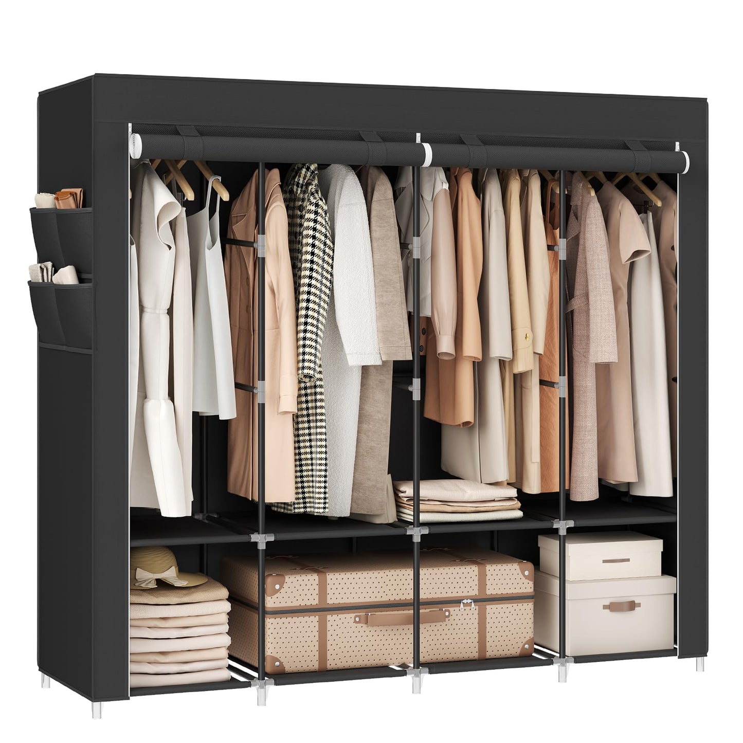 SONGMICS Clothes Wardrobe, Portable Closet, Garment Organiser Rack with 4 Hanging Rails, Shelves, 4 Side Pockets, 170 x 45 x 167 cm, Large Capacity