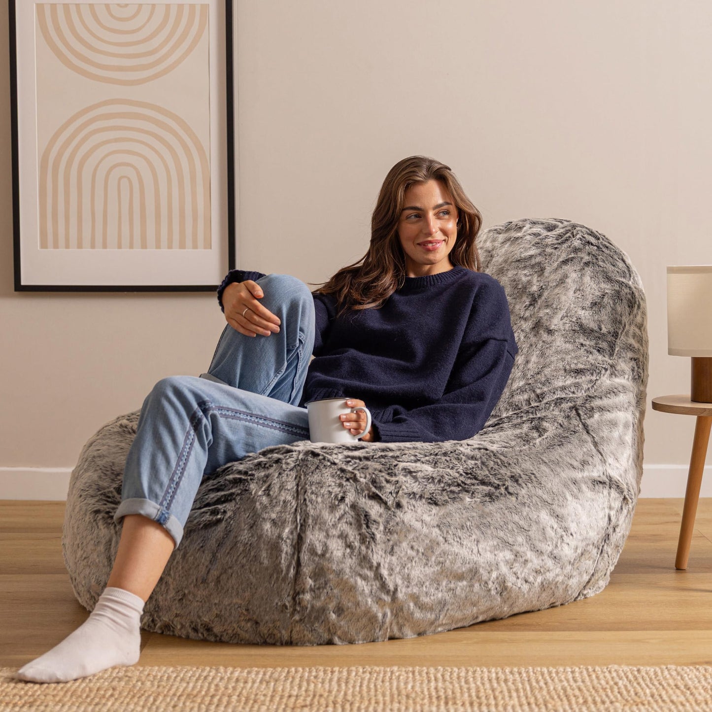 icon Lounger Faux Fur Fluffy Bean Bag Chair with Filling Included, Grey