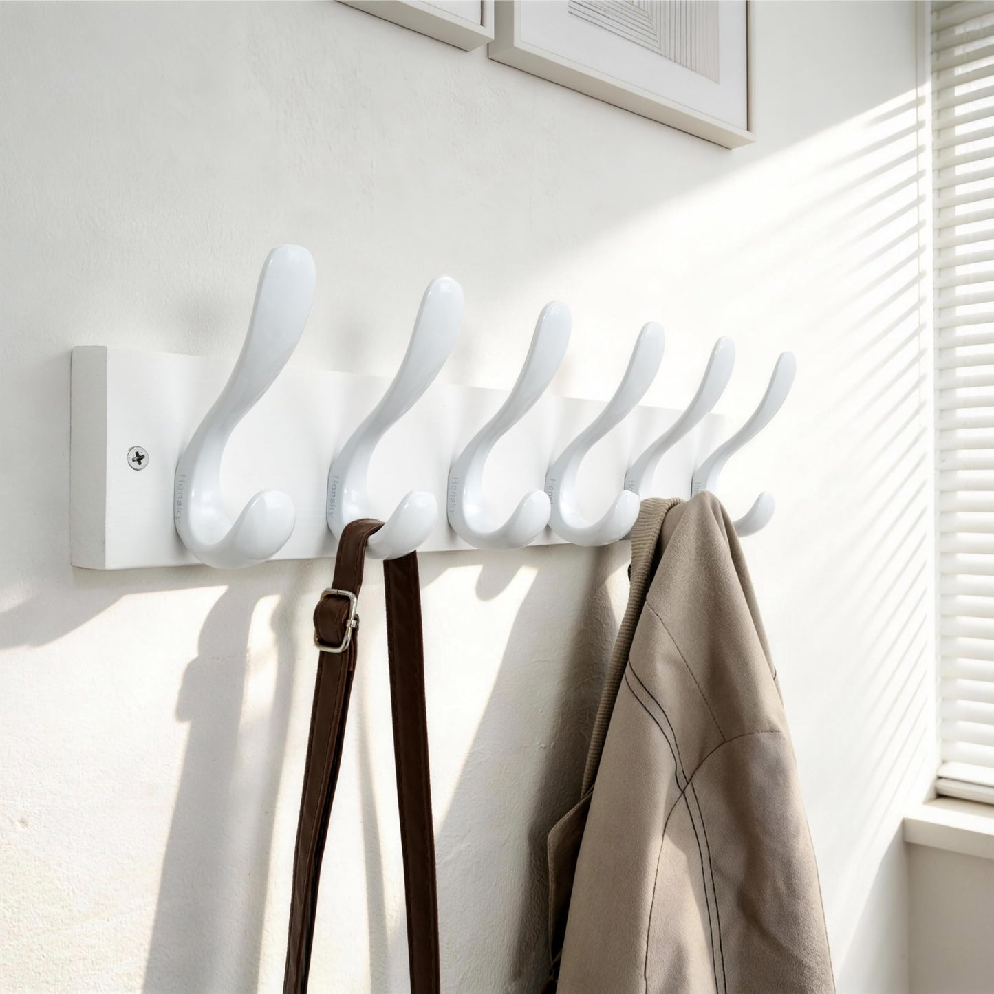 HONSKY Wall Coat Rack, 43cm Wooden Coat Hanger with 6 Double Hooks,Wall Coat Hook,Towel Rack Hanging Coat,Towel,Bag for Entryway, Hallway, Bedroom