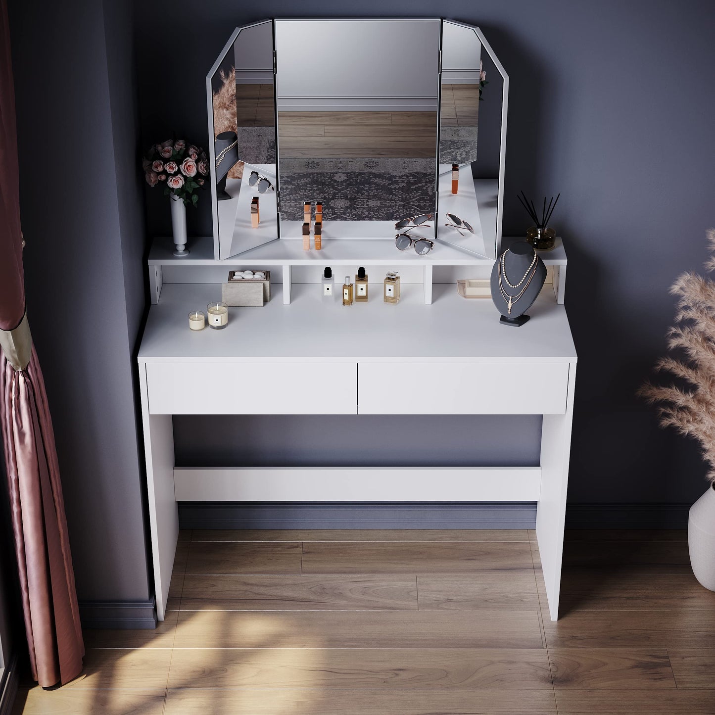 ELEGANT Dressing Table with180° Tri-fold Mirror & 2 Drawers, 100x40x142cm