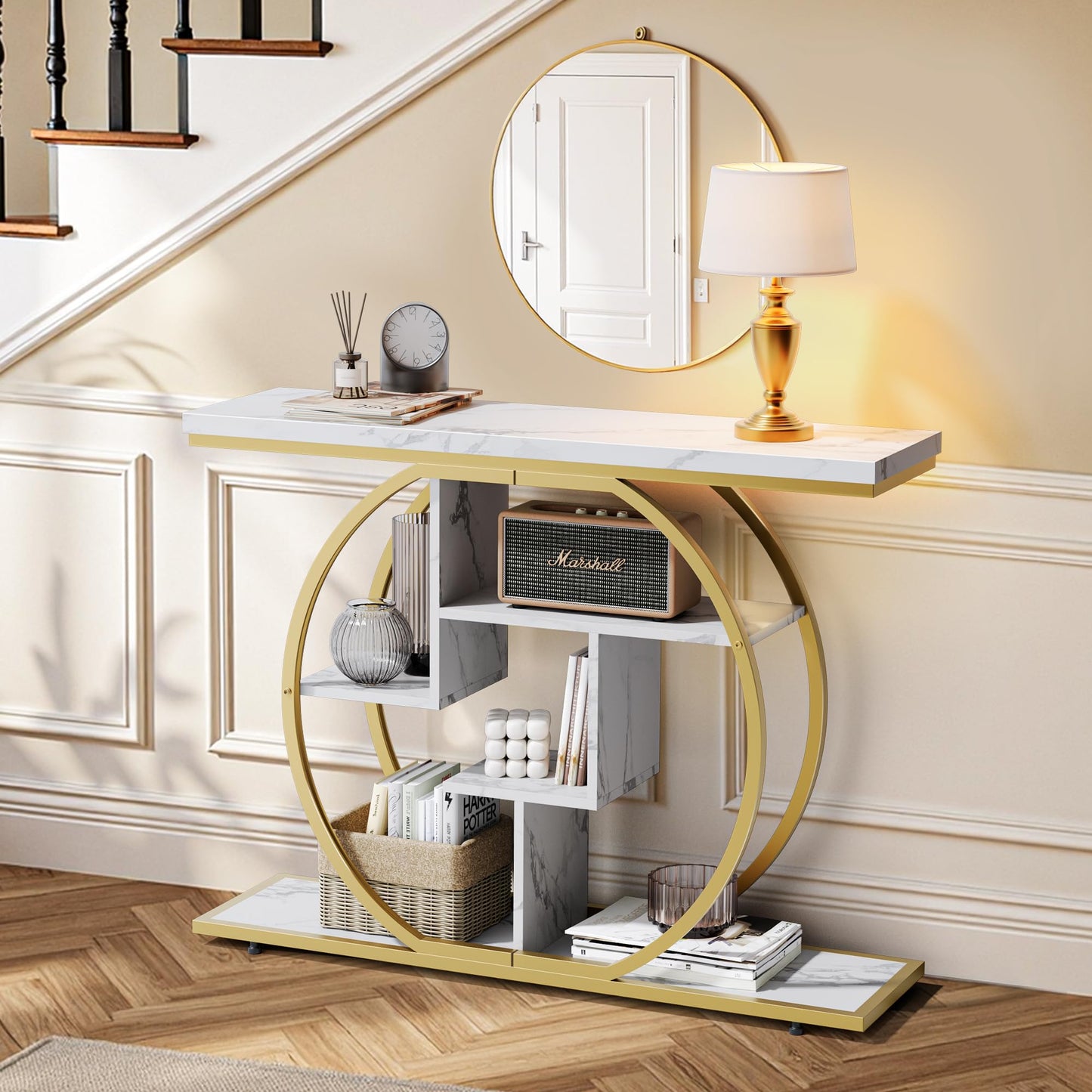 Pampaic Console Table, Hallway Table with 5-Tier Storage Shelves,105 x 30 x 80 cm, Entryway Table with Adjustable Foot Pads