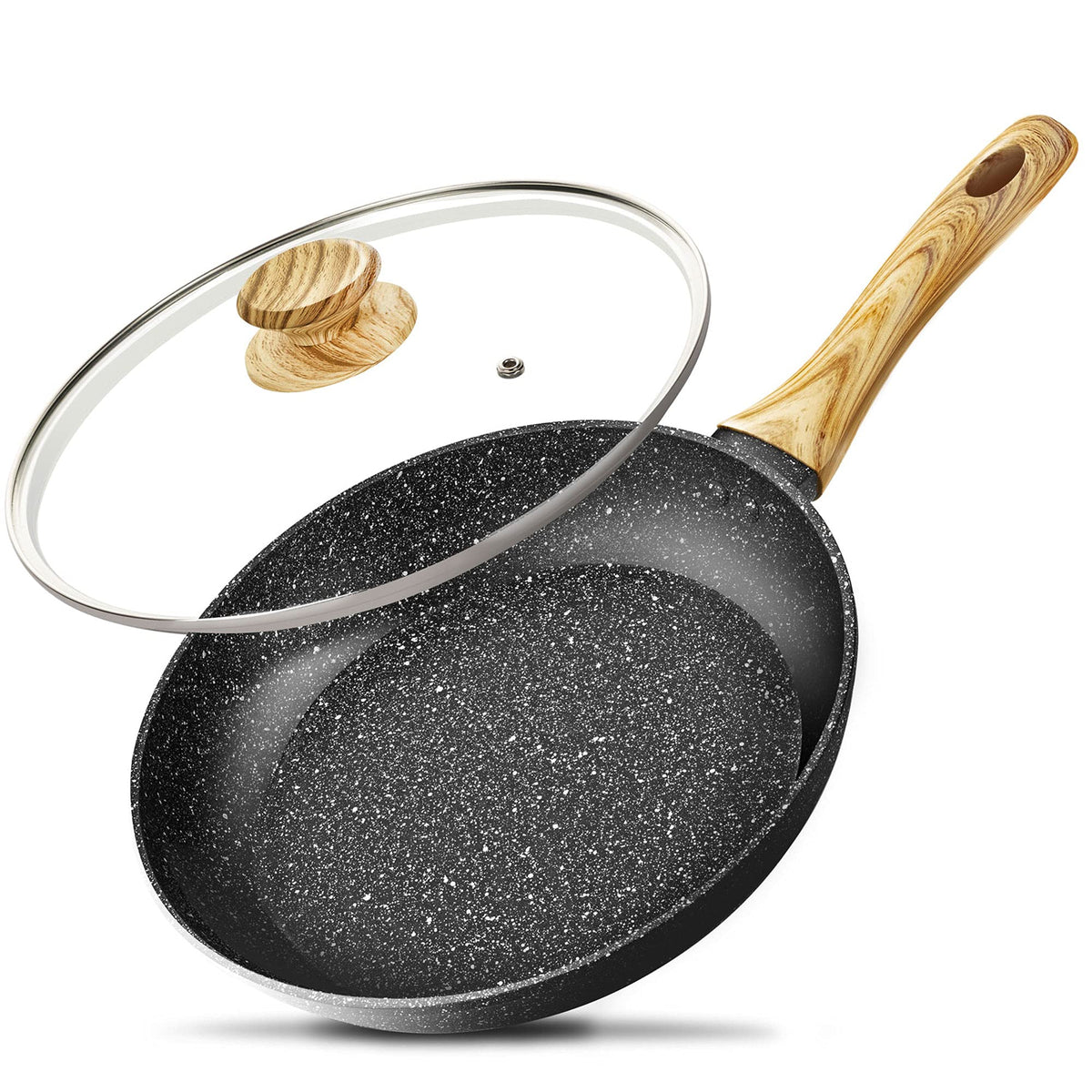 MICHELANGELO Frying Pan with Lid 28cm, Non Stick Frying Pan 28cm with Bakelite Handle, Frying Pan with Stone-Derived, Induction Frying Pan 28cm