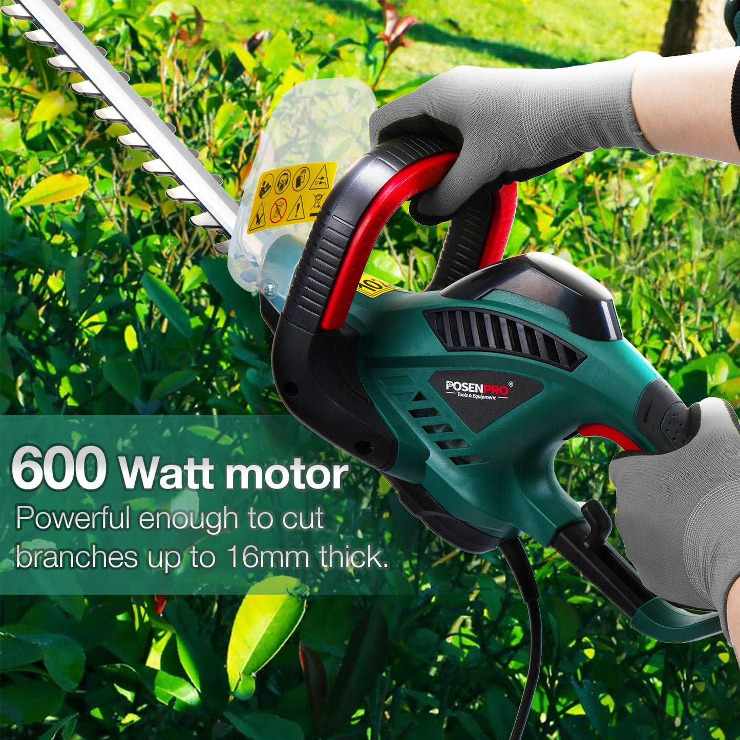 POSENPRO 600W Corded Electric Hedge Trimmer Pruner, 550mm Electric Hedge Cutter, Bush Tree Cutter, Corded Garden Cutting & Trimming Hedge, 6m Cable