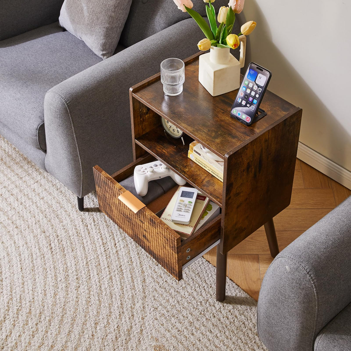 Aibiju Bedside Table, Modern Nightstand with Drawer, Small Night Stands for Bedrooms, Mid Century Nightstands with Open Storage Shelf, end Table