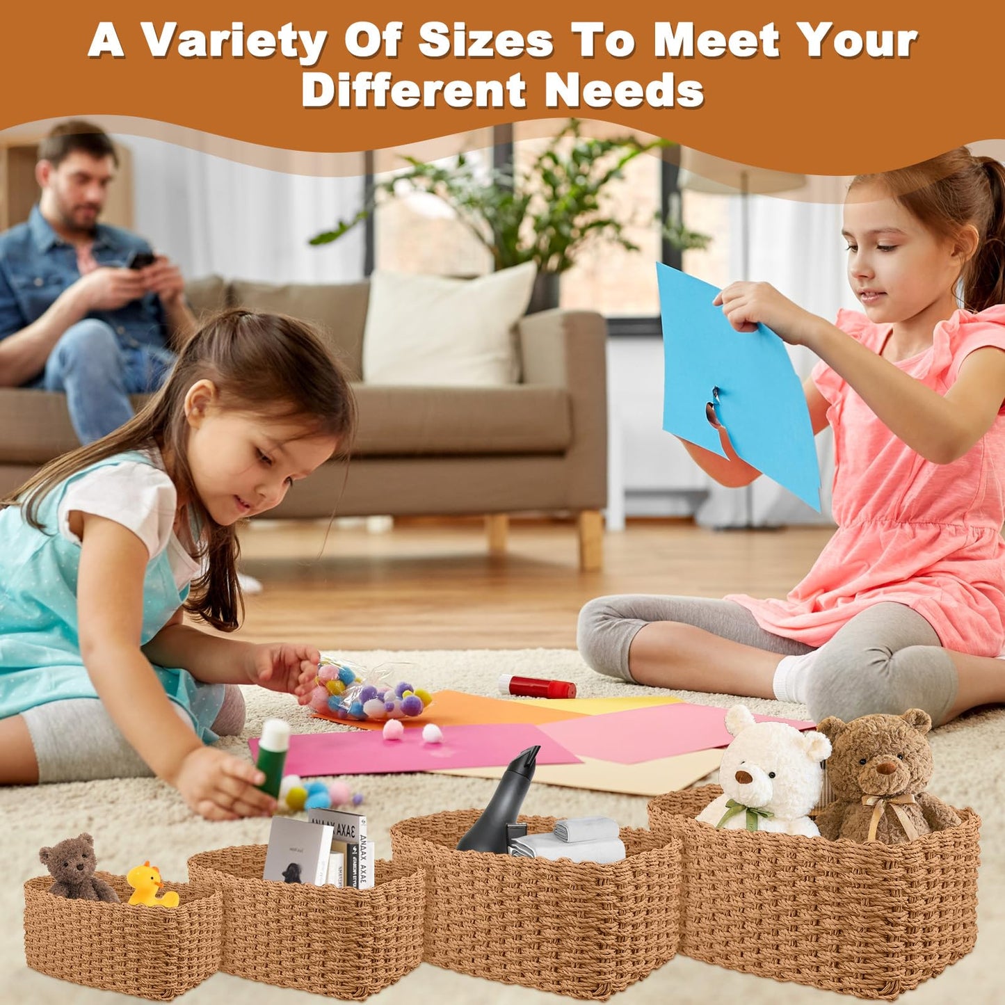 4 Pcs Wicker Storage Baskets, Multifunctional Small Gift Hampers, Woven Paper Rope Cubes Boxes, Desktop Handmade Basket