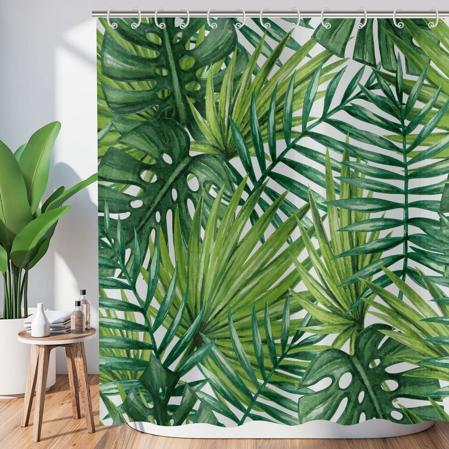 Hnmdmyi Tropical Leaf Shower Curtain 180x180, Green Palm Leaves Shower Curtains Jungle Plant Botanical Bathroom Curtains with Hooks Waterproof