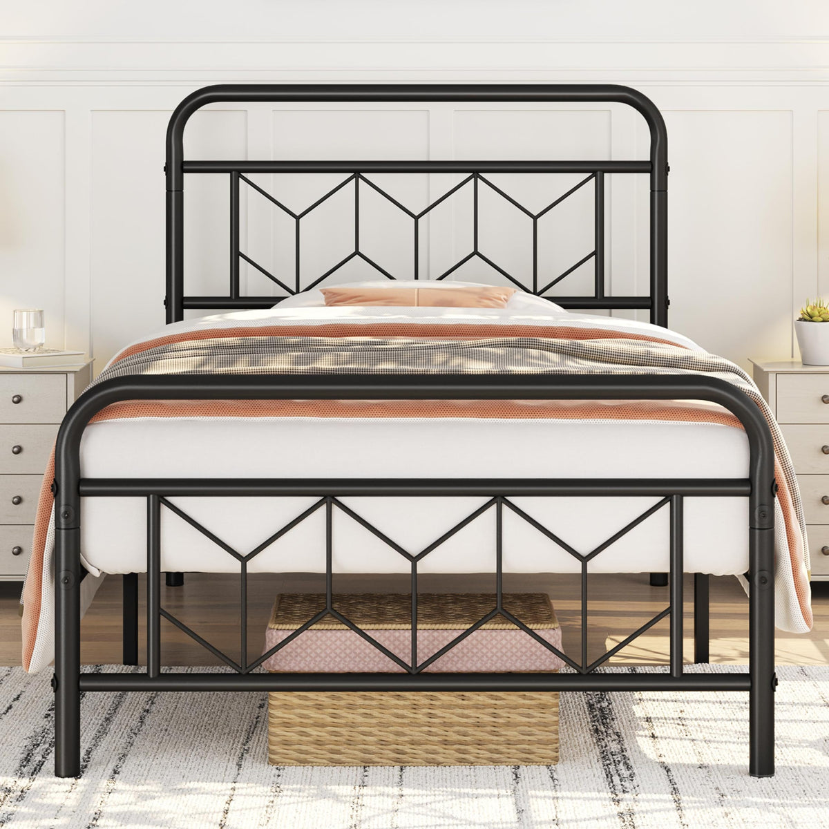 Yaheetech 3ft Single Bed Frames Vintage Sturdy Metal Platform Bed with Large Storage/Diamond Pattern Headboard/Easy Assembly/Embeded Design Bed Base,