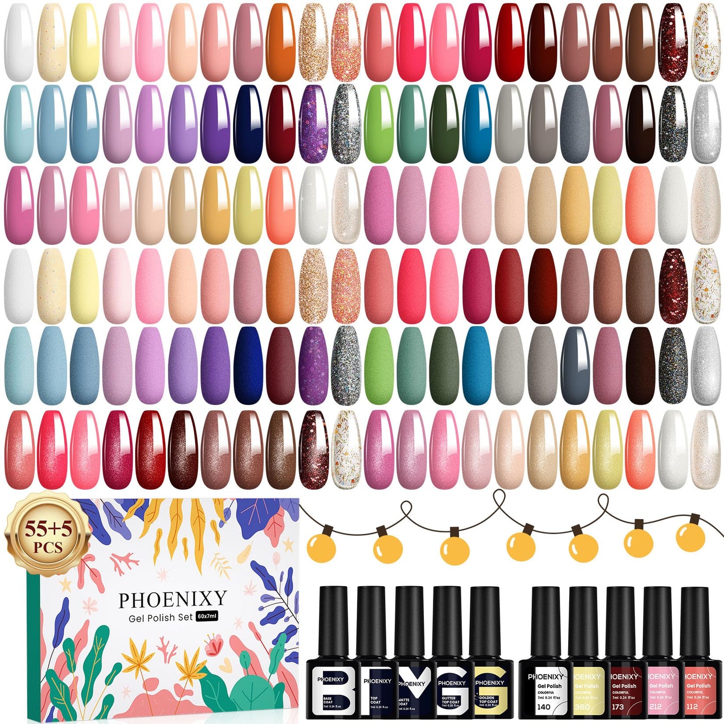 Phoenixy Gel Nail Polish - 60pcs 7ml Gel Nail Polish Set UV Soak-off Nail Polish with Base Coat and Glossy Matte Glitter Top Coat Nail Varnish Sets