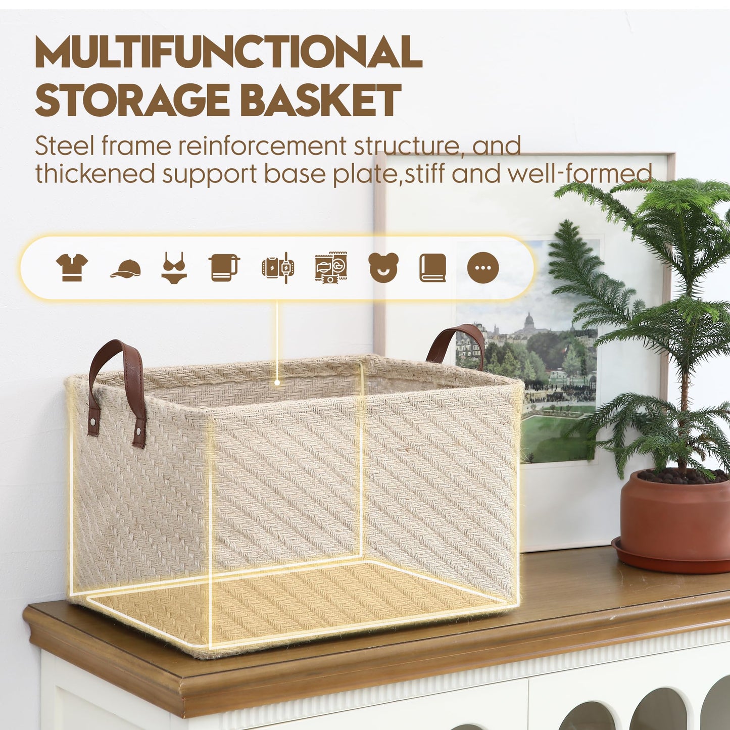 Sea Team Square Jute Storage Basket Built-in Frame Structured Organizer