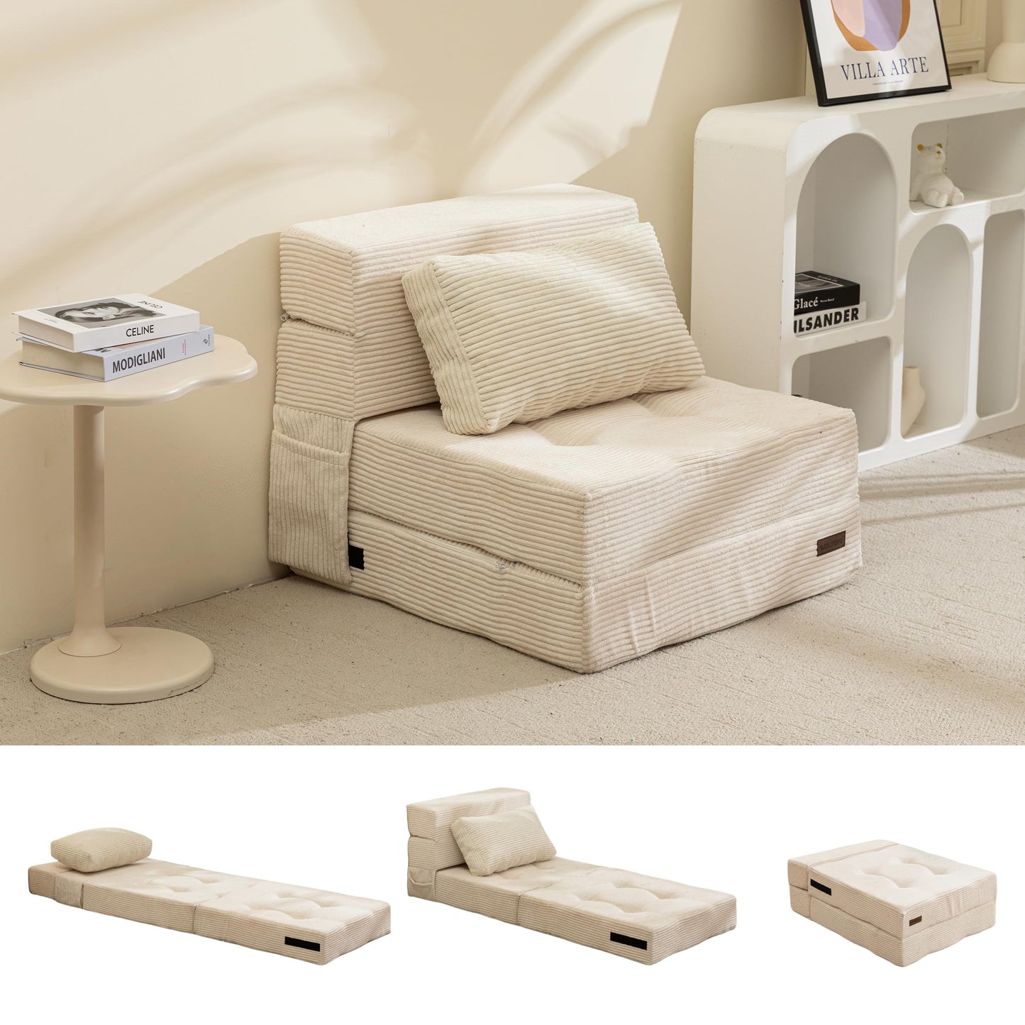 MAXYOYO Folding Foam Sofa Bed, Tri-Fold Mattress with 1 Pillow, Convertible Sofa Chair Futon Z Bed with 15cm Thincken Foam