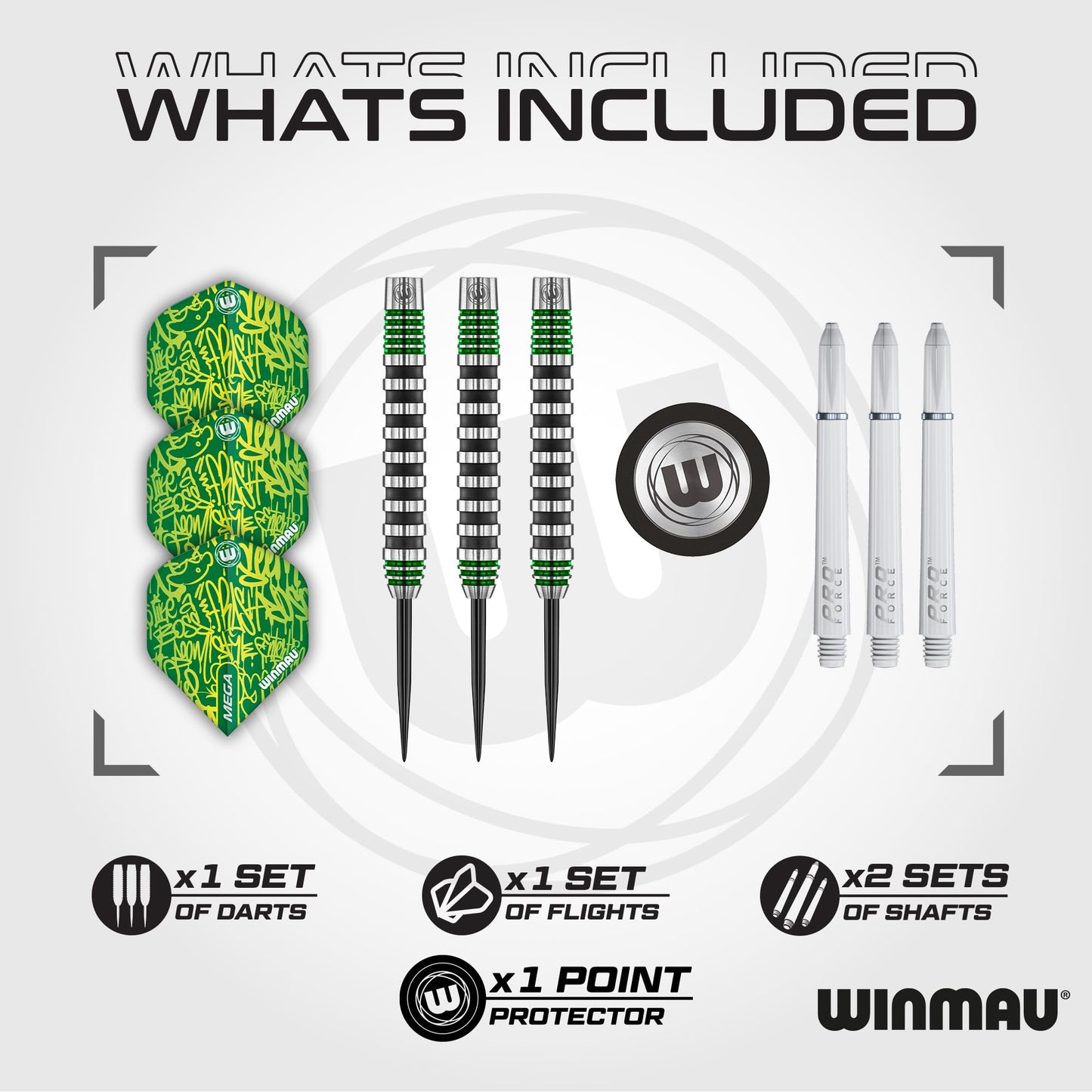 WINMAU Advance 500 Series Tungsten Green 26 Gram Steeltip Darts Set with Flights and Shafts (Stems)