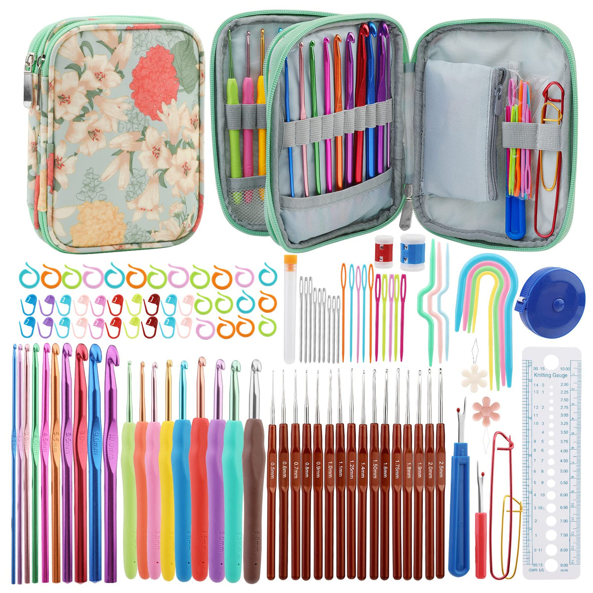 Doxiru 100 Pcs Crochet Hook Set, 3 Style Crochet Hooks, Crochet Accessories Sets with Stitch Markers, Large Eye Blunt Needles, Seam Ripper for
