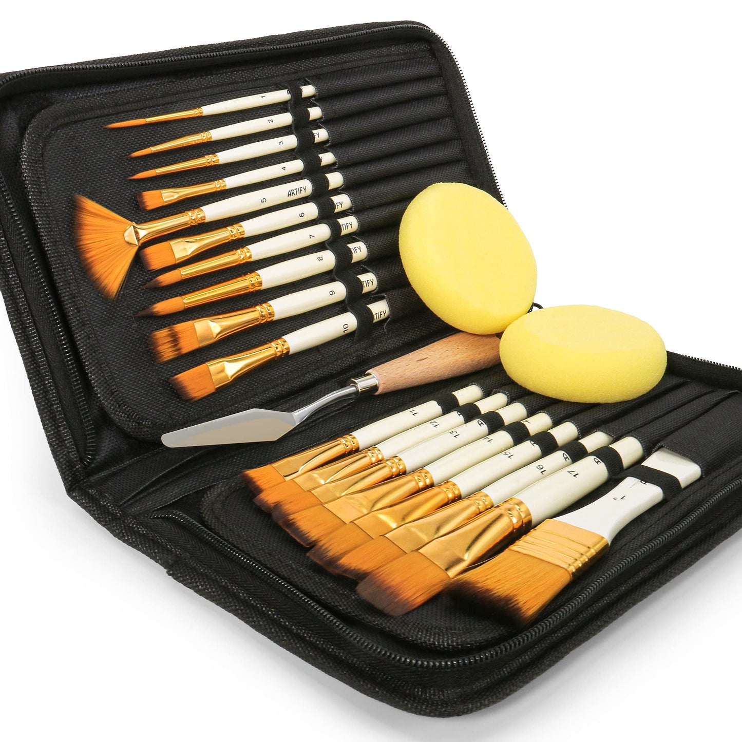 Artify 18 pcs Paint Brush Set for Acrylic Oil Watercolour Gouache Painting Includes Pop-up Carrying Case with 2 Sponges