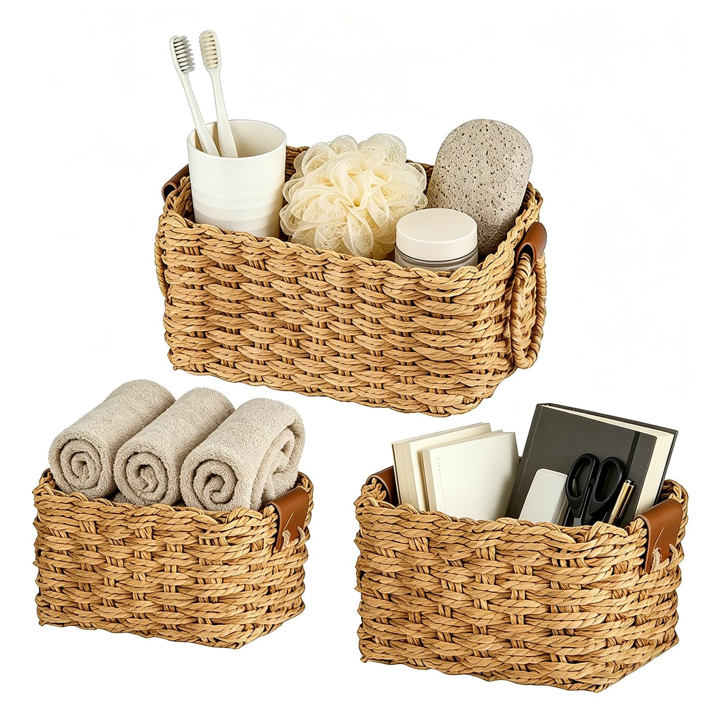 3 Set Woven Wicker Storage Baskets, Paper Rope Storage Boxes, Multifunctional Storage Baskets Empty, Decorative Bin Organizers