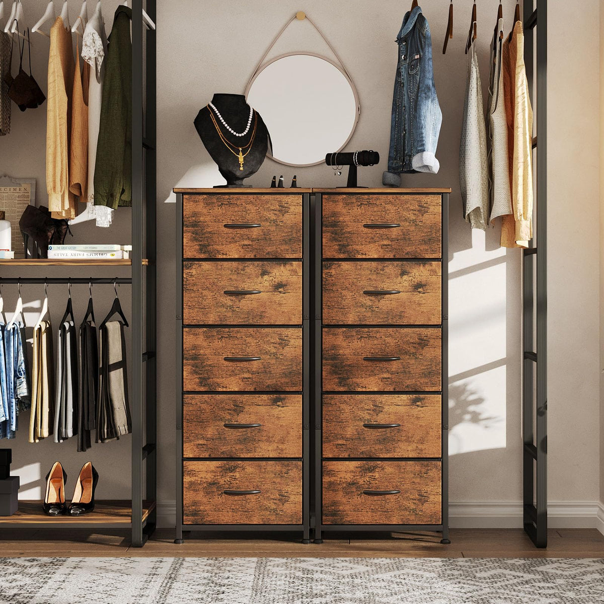 CAIYUN Chest of Drawers for Bedroom with 5 Drawers, Fabric Storage Drawer, Tall Brown Hallway Storage Unit