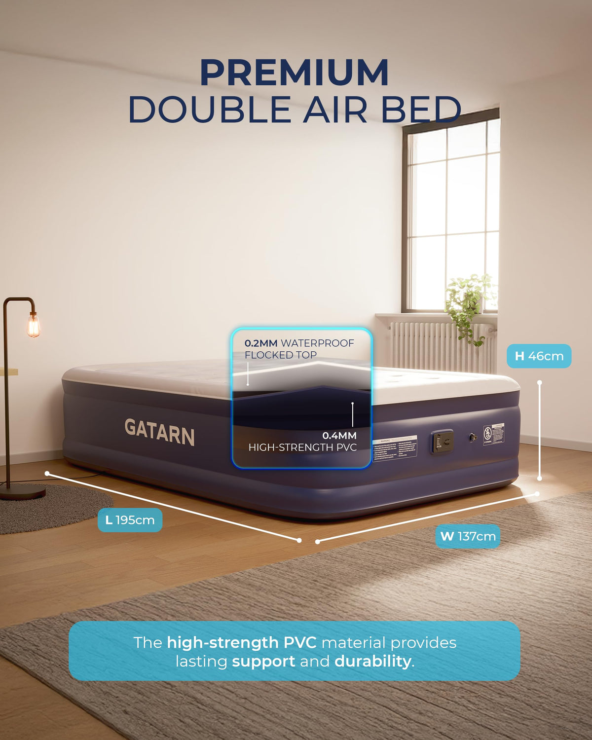 Gatarn Double Inflatable Mattress, Air Bed with a Built-in Electric Pump, Self-Inflation/Deflation Blow Up Airbed for Guest, Camping & Home Use