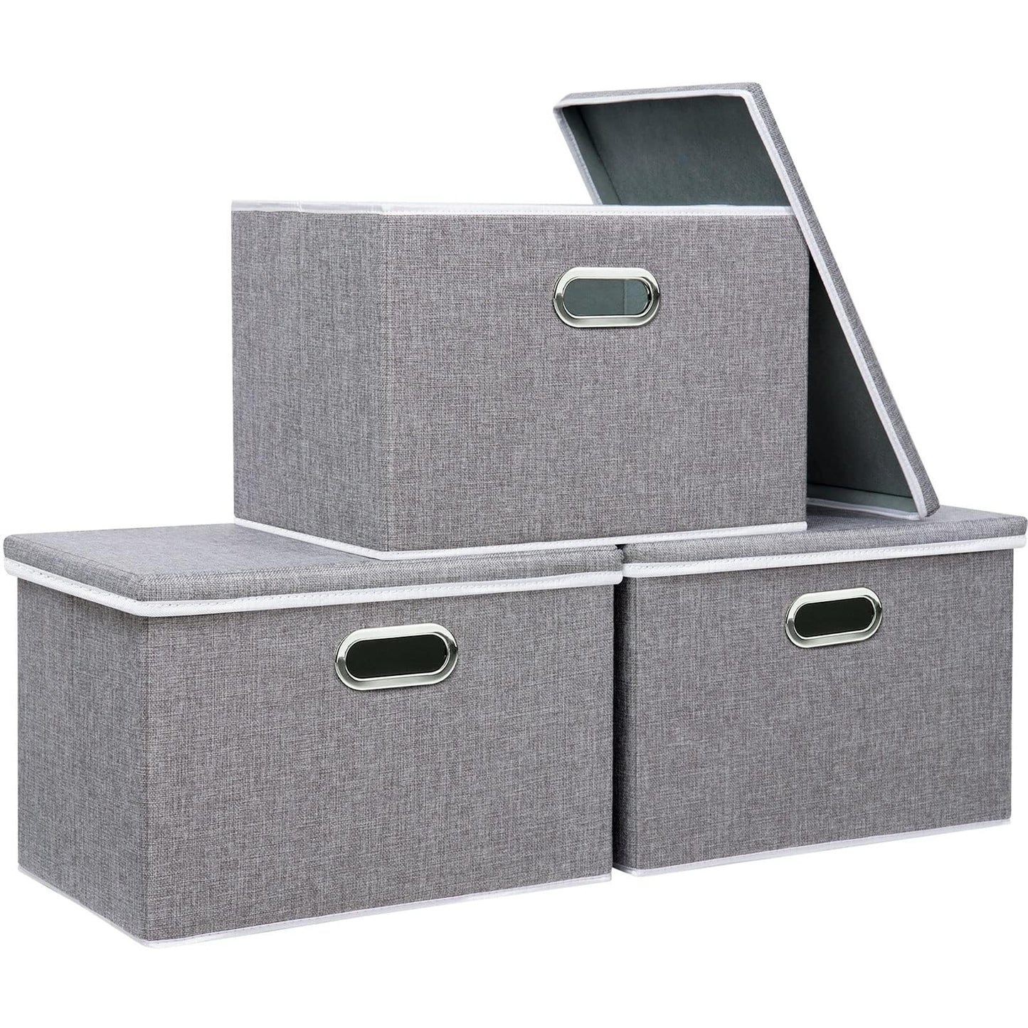 Yawinhe Large Storage Box with Lid 3 Pack, Collapsible Cubes Baskets, for Cupboards, Wardrobe, Shelves, 44x30x30cm, Grey, SNK023GX-3