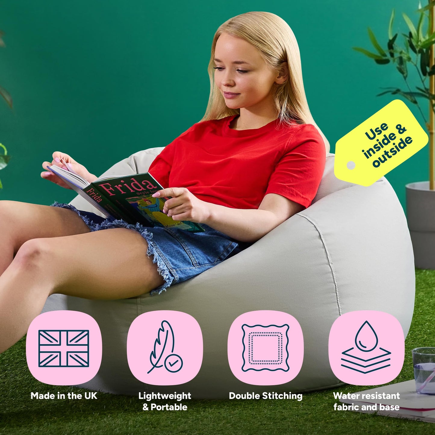 Bean Bag Bazaar Kingston Outdoor Bean Bag & Footstool with Filling, Grey