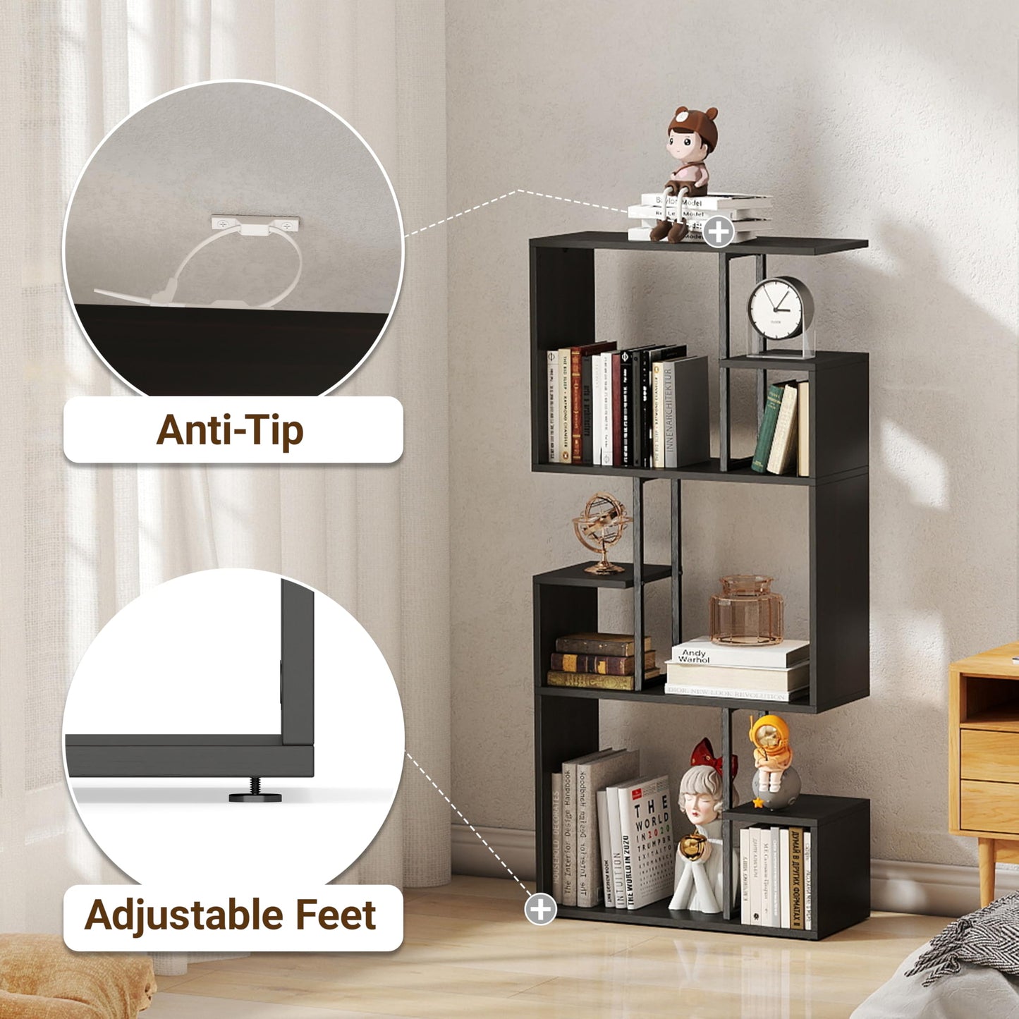 Manora Black Bookshelf 3 Tier Slim Freestanding Room Divider Shelves