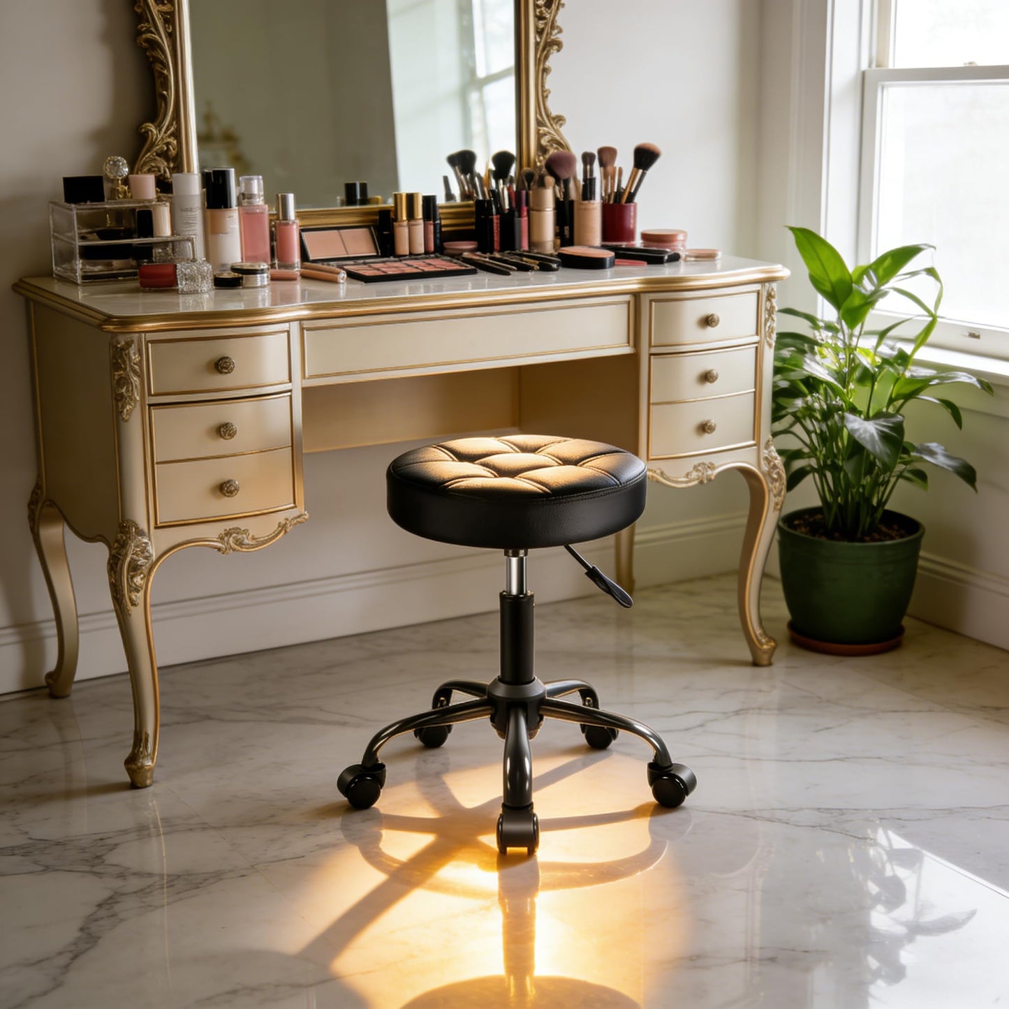 Jconly Round Rolling Stool with Wheels, Black PU Leather Round Office Stool Adjustable Height (46-59cm) Beauty Chair for Home Office Salon