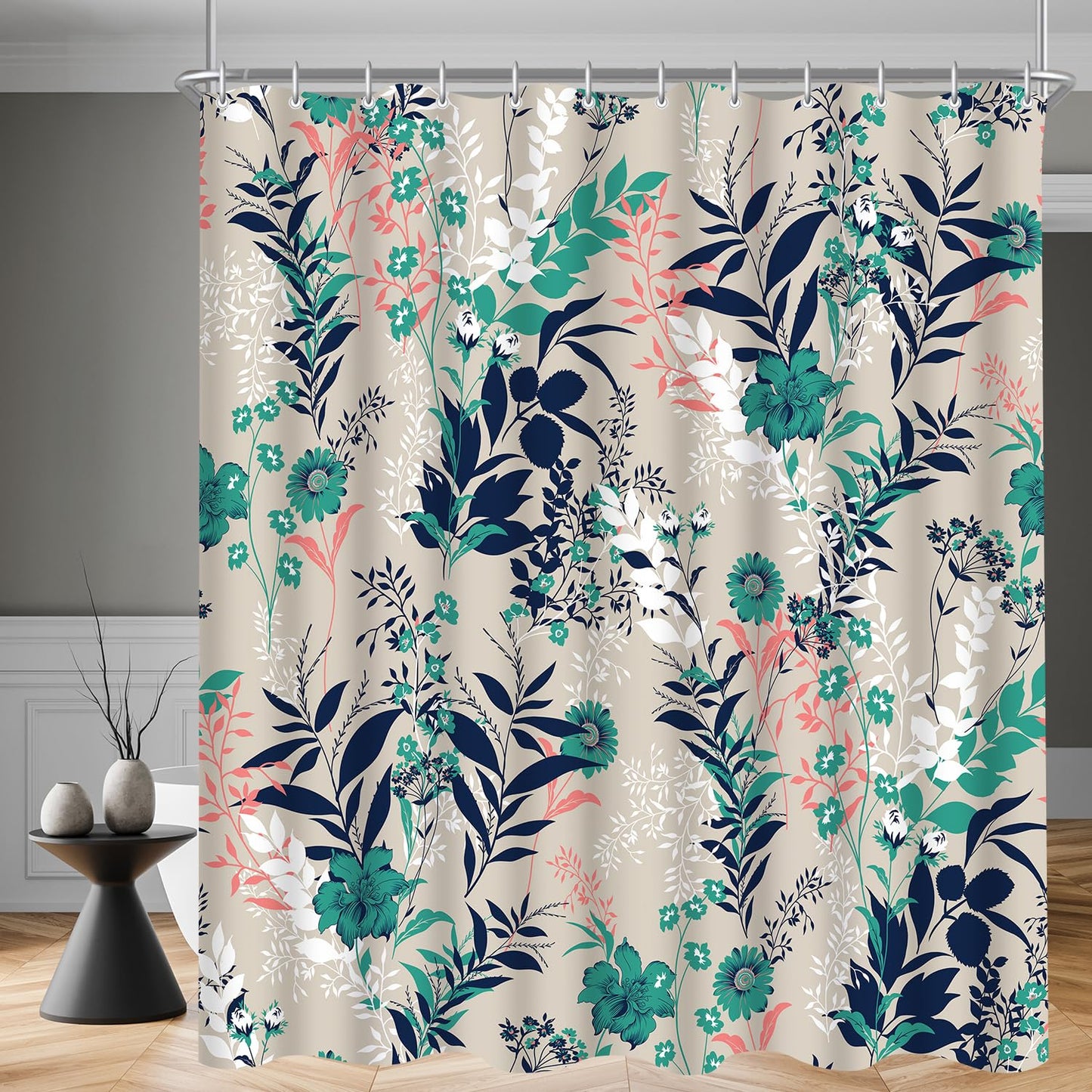 Lerores Shower Curtain, 180 x 200 cm, Blue Grass Flower Motif, Weighted Hem, Anti-Mould, Water-Repellent, Washable Polyester Bath Curtains with 12