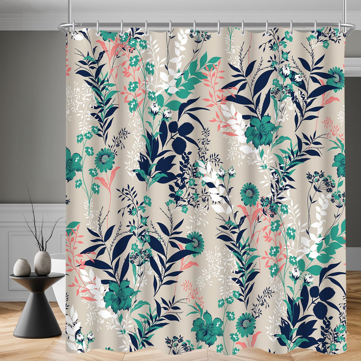 Lerores Shower Curtain, 120 x 200 cm, Blue Grass Flower Motif, Weighted Hem, Anti-Mould, Water-Repellent, Washable Polyester Bath Curtains with 12