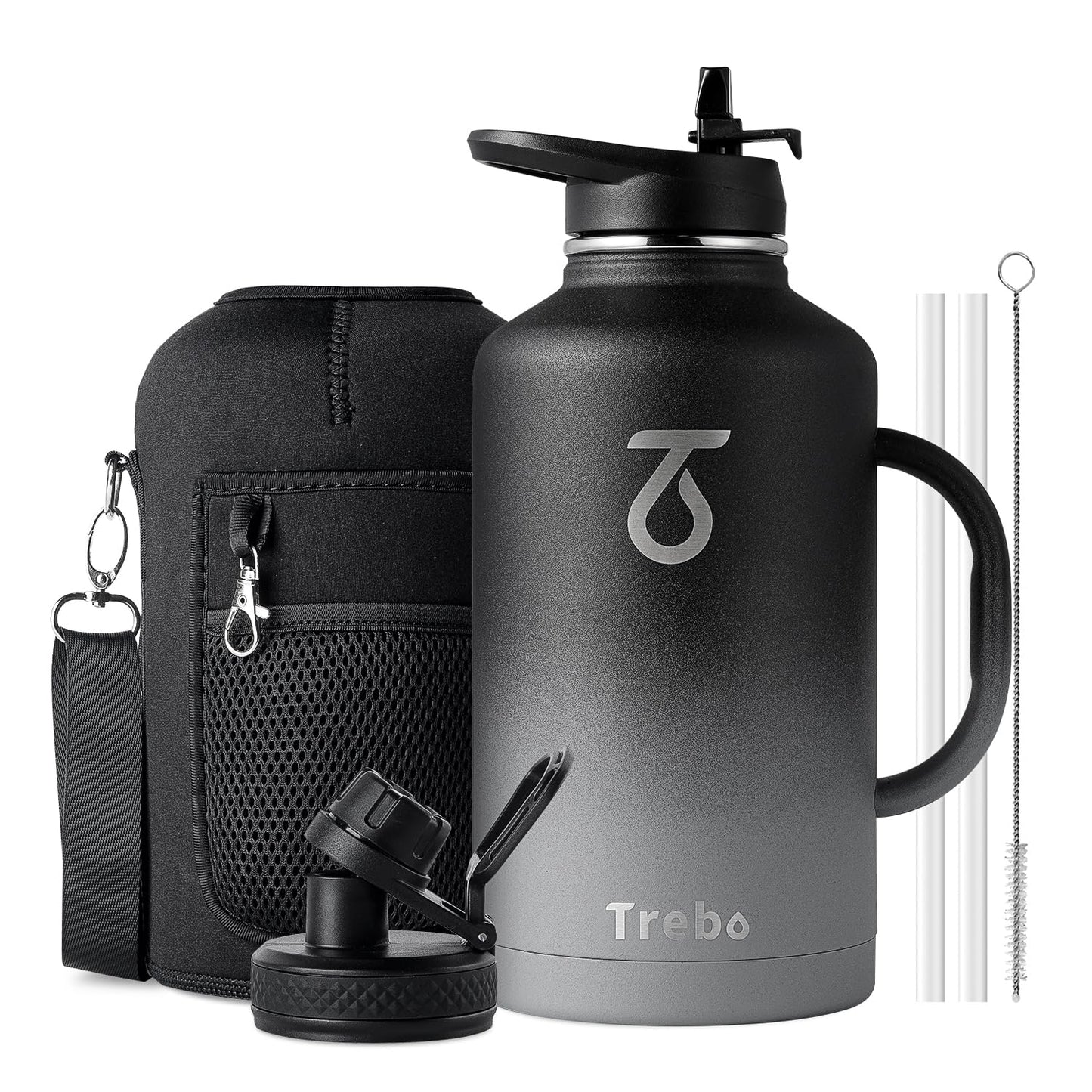 Trebo Insulated Water Bottle 2L, Stainless Steel Water Bottle 2L Metal Bottle with Handle Metal Large Jug Travel Flask with Straw Spout Lid Mug
