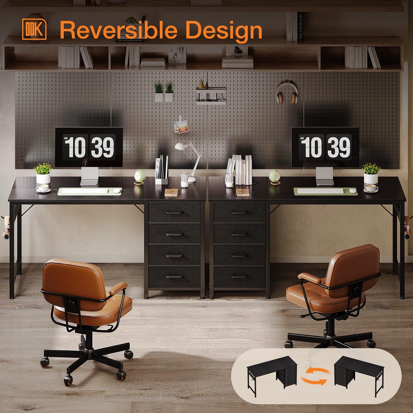 ODK Computer Desk with Drawers, Reversible Office Desk, 120 x 48 cm, Black