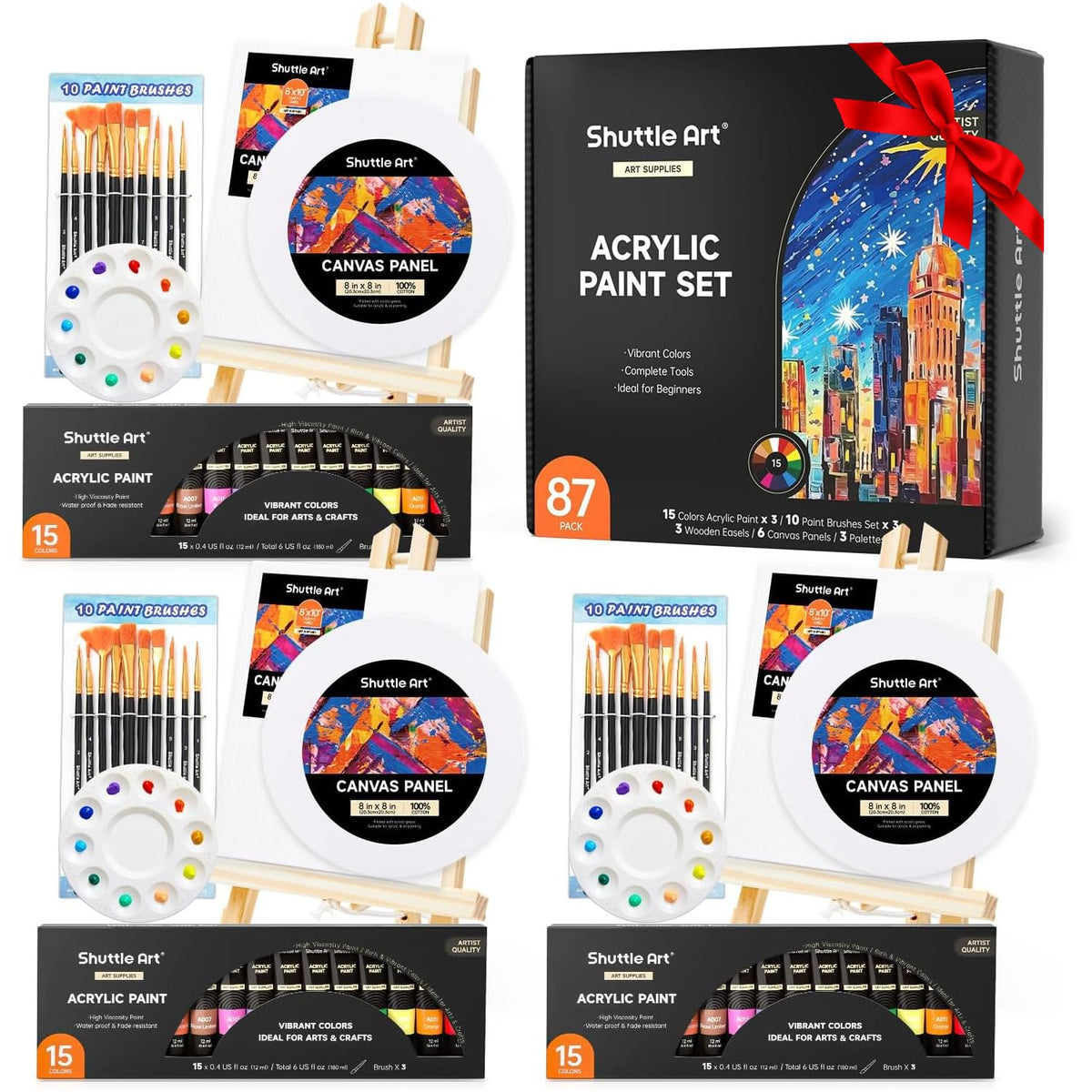 Shuttle Art 87 Pack Acrylic Paints Set, Canvas Painting Set with 3 Pack of 15 Colours Acrylic Paint, 3 Sets of Wooden Easels, Canvas, Brushes &