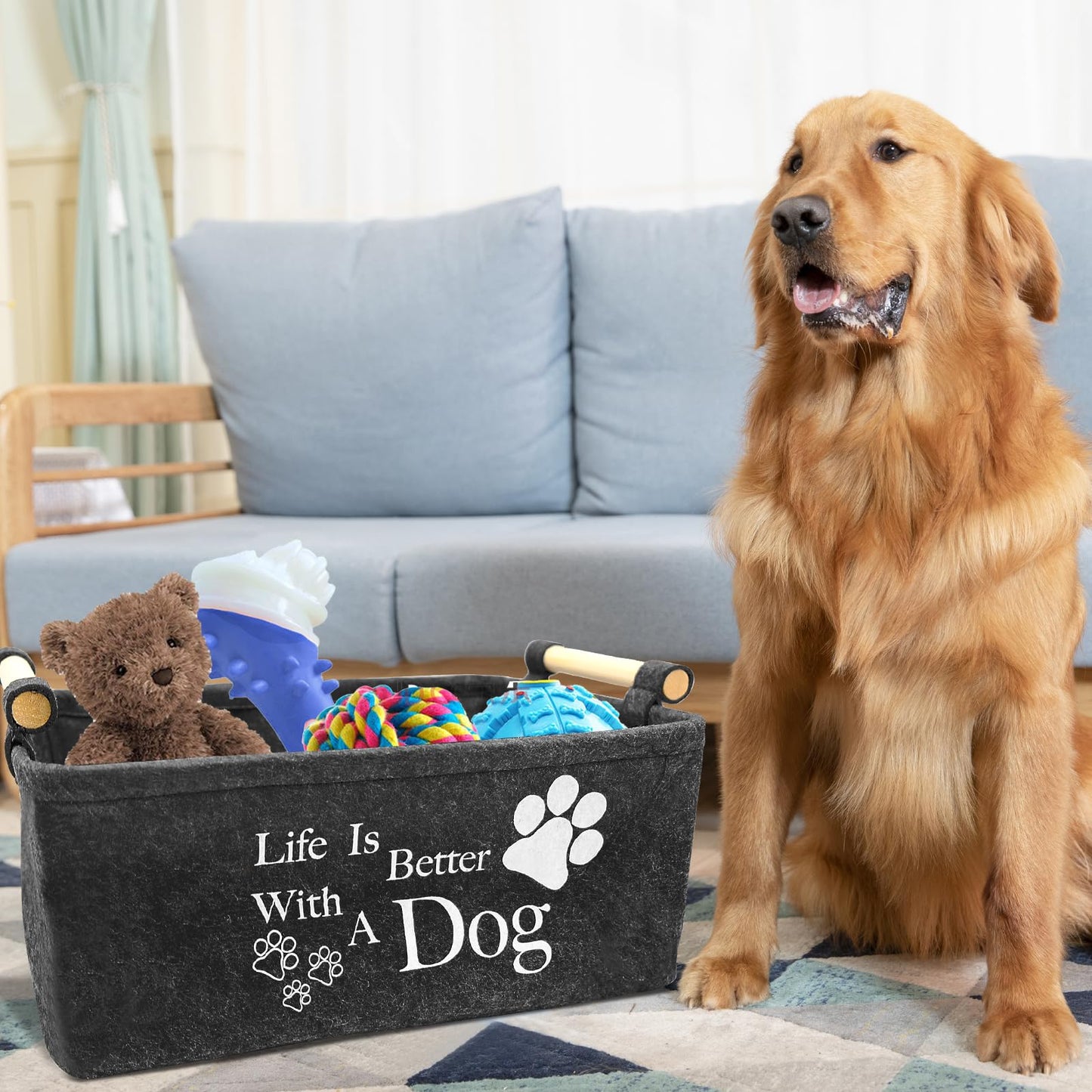 inheming Puppy Toy Box Storage Basket, Collapsible Pet Supplies Storage Basket, Dog Toy Basket Box38cm x 25cm x 18cm Black