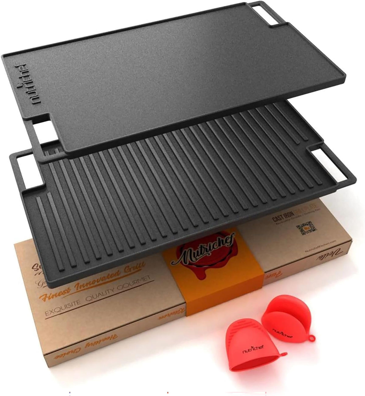 Nutrichef Reversible Cast Iron Grill Plate  45.7cm x 25.4cm, Flat & Ridged Griddle Pan for Hob, Oven & BBQ, Induction & Gas Safe, Stain-Resistant &