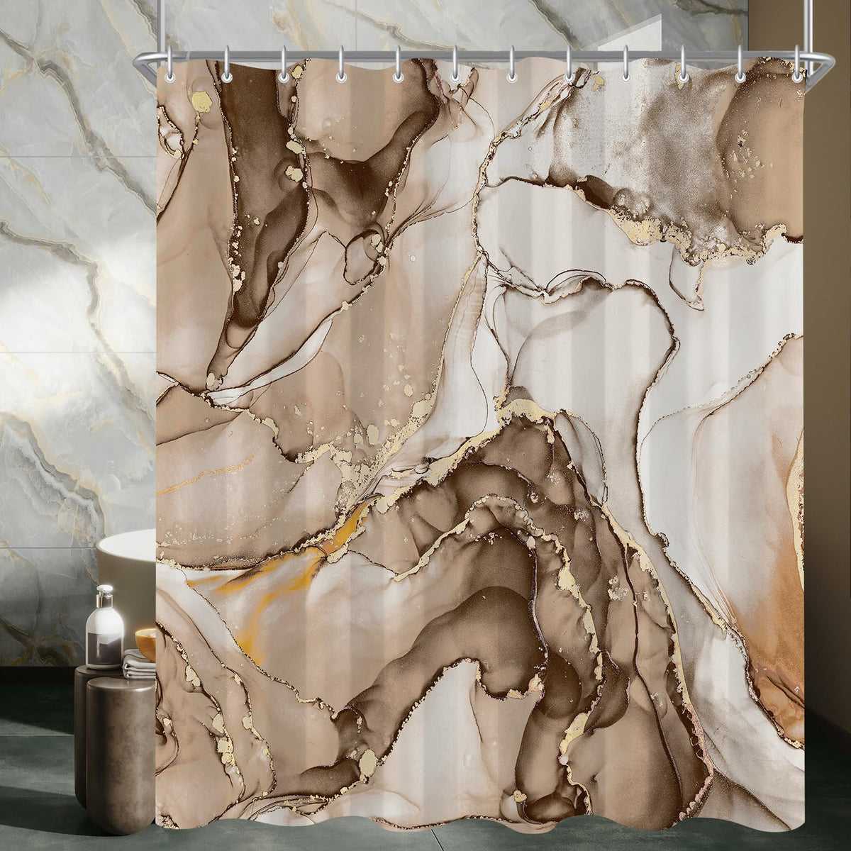 Lerores Shower Curtain, 180 x 200 cm, Brown Marble, Weighted Hem, Anti-Mould, Water-Repellent, Washable Polyester Bath Curtains with 12 Eyelets and