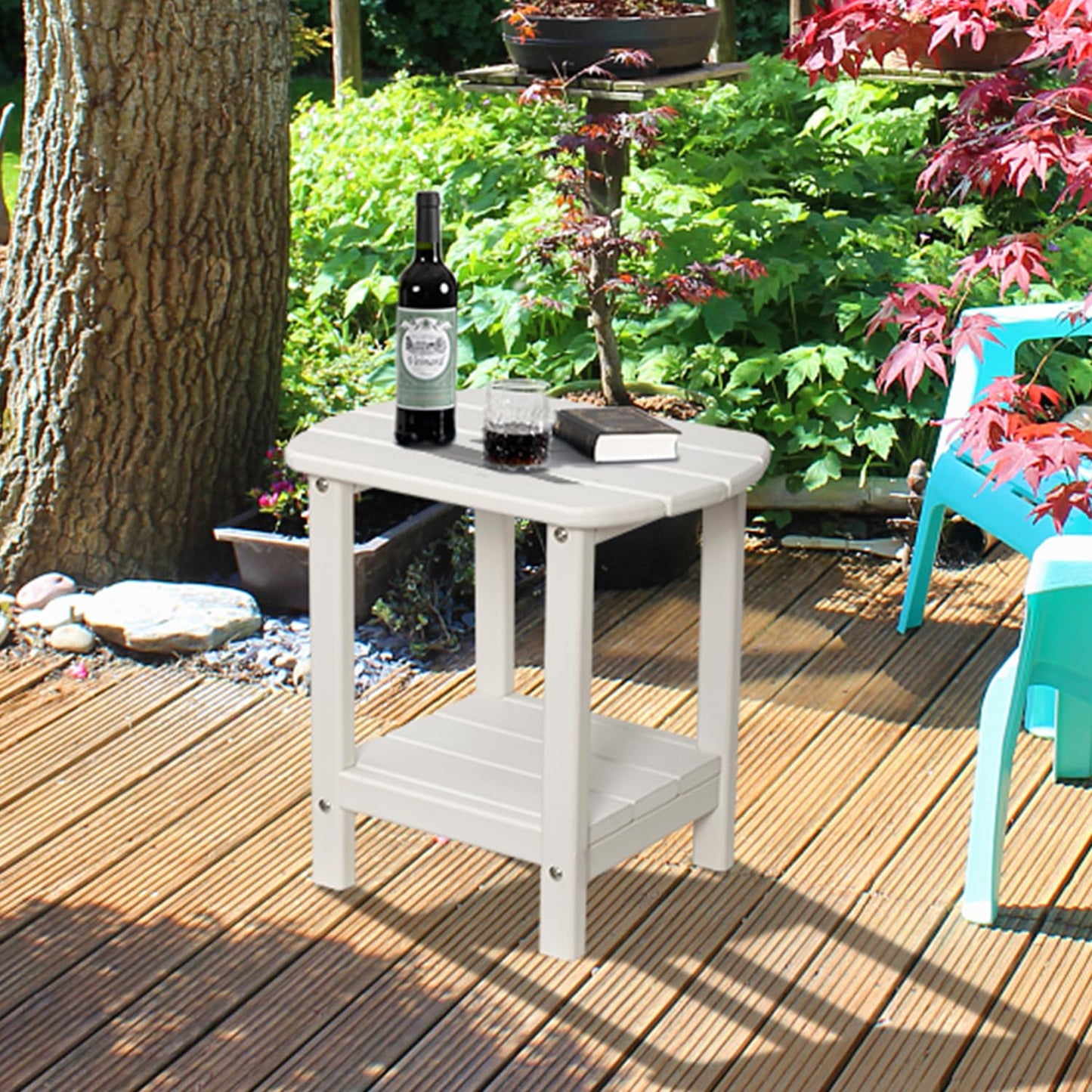 NALONE Adirondack Side Table 16.5" Outdoor Side Table HDPE Plastic Double Adirondack End Desk for Patio (White)