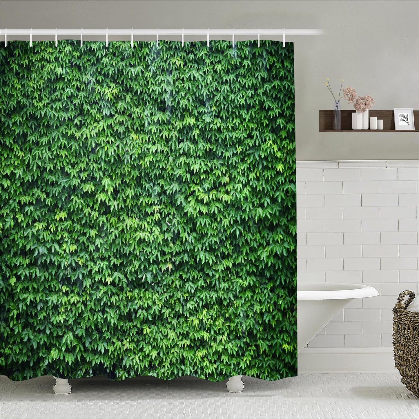 Simpomsy Green Leaf Wall Outdoor Garden Theme Shower Curtain, 150x180cm, Waterproof, 12 Hooks