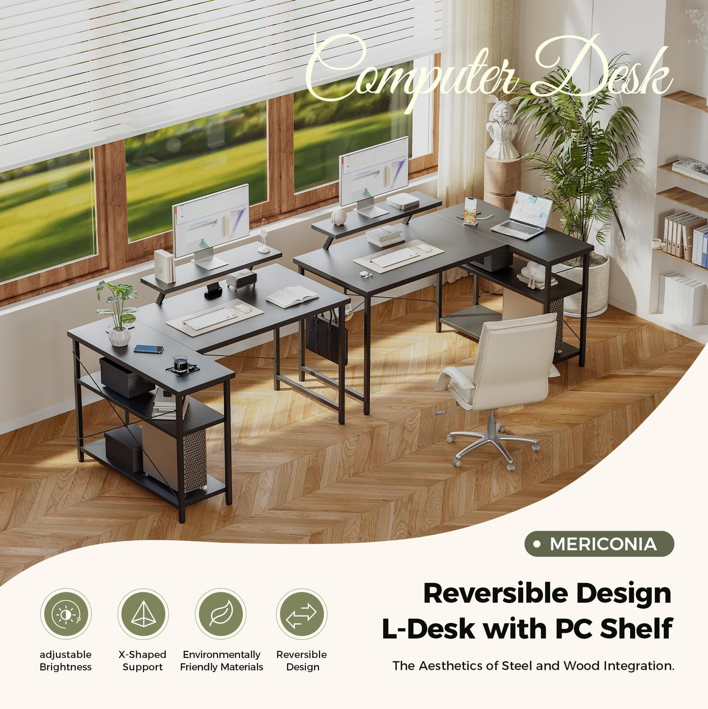 Mericonia Reversible Corner Desk, w. Led & Power Outlets, 140x70cm, Black