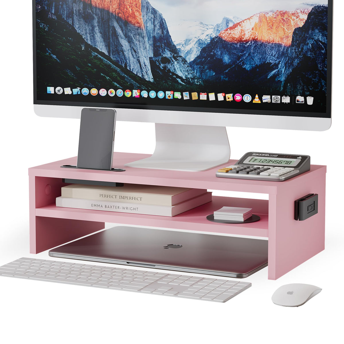 BONTEC Wood Monitor Stand Riser, Desk Monitor Stand with Smartphone Holder, Ergonomic Laptop Stand with Cable Management for Computer, Notebook, PC, 2