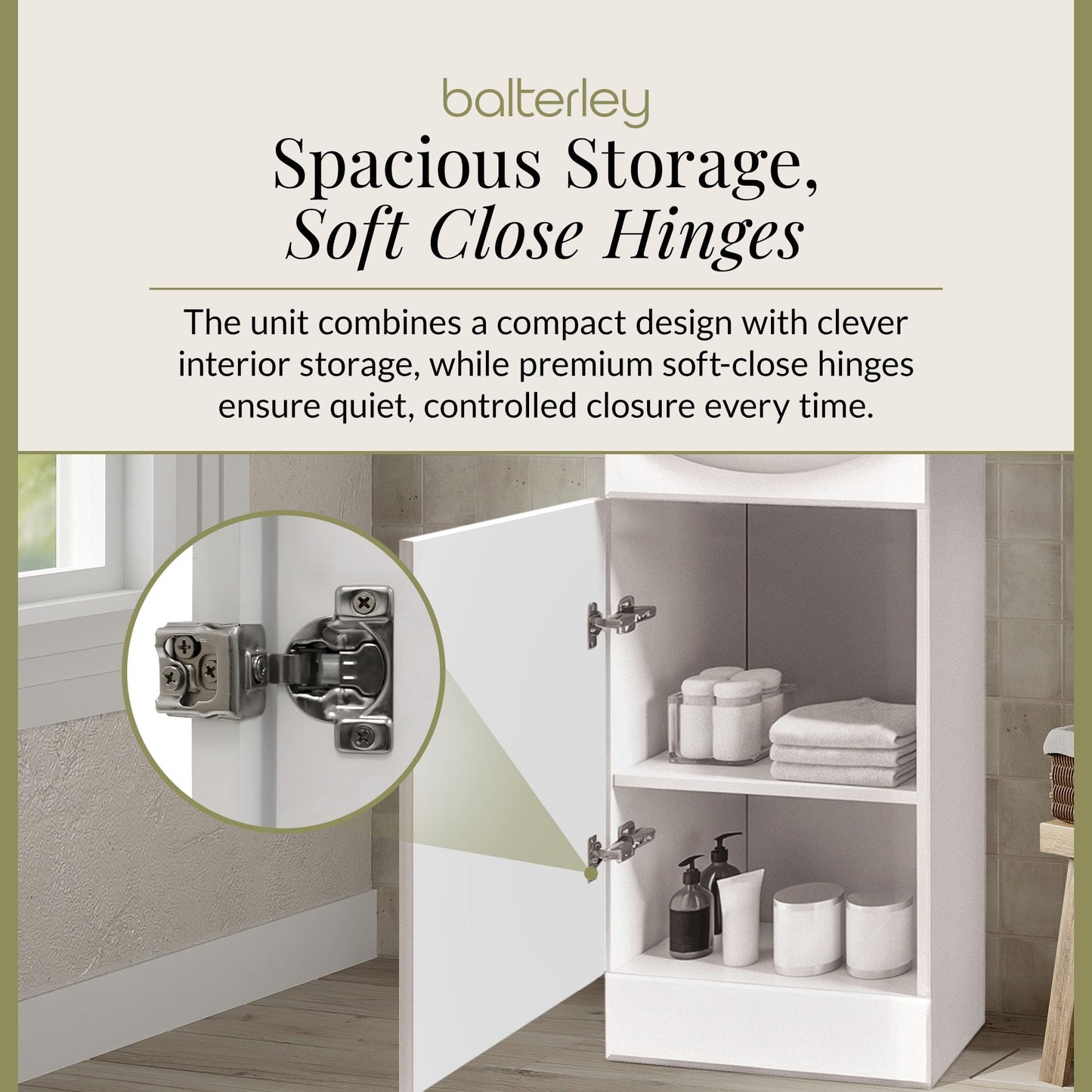 Balterley Vanity Unit with Basin Floor Standing, Soft Close Single Door with Curve Sink and Handle, Bathroom Vanity Units with Basin