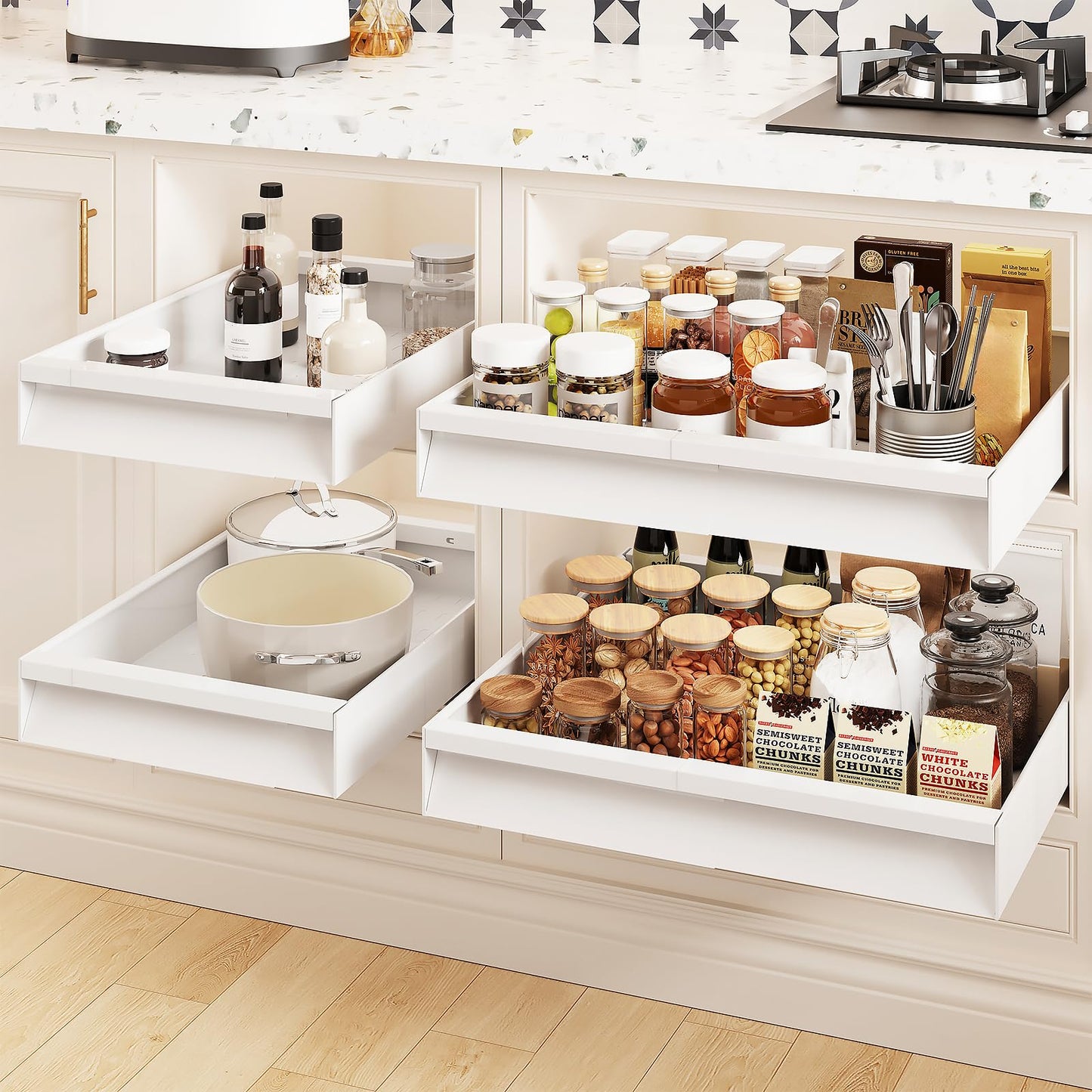 Mointal 2 Pack Kitchen Extendable Drawer, Telescopic Drawer with Adhesive, Adjustable Width 31-52 cm, Pull Out Cabinet Organizer for Kitchen