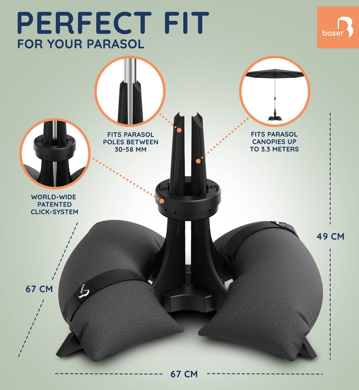 Baser Parasol Base with fillable Sandbag weights 50 KG, up to 3.3 M Parasol, Made of Recycled Materials in Denmark